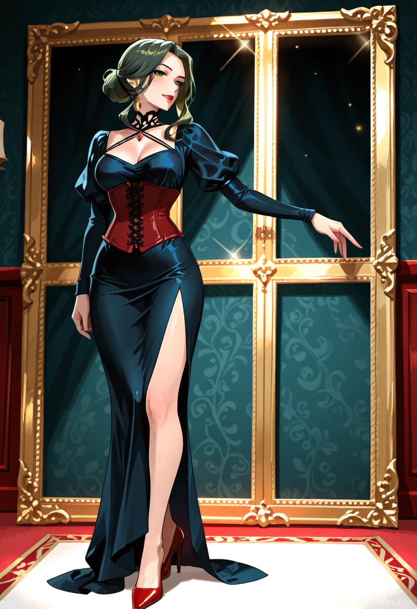 (Masterpiece, Best Quality, High Quality:1.4), professional artwork, Intricate Details, field of view, sharp focus, detailed painting, photorealistic lighting, trending on pixiv, (vivid lighting, vibrant colors:1.05), realistic shadows, ambient occlusion, by Takato Yamamoto
Marie Mamiya, mature female, milf, solo, (curvy:1.1), sitting on sofa, hand on waist, posing, intricate background, (full body shot shot:1.1),
(red hair:1.05), hair ornament, lipstick, makeup, (mole under eye:0.9), choker, ultra detail hair, ultra detail face, (yellow eyes:1.05), perfect eyes, perfect face, earrings, (seductive look, blush:1.15),
(main dress:1.2), choker, (black thighhighs:1.1), (highheels:1.2), bare shoulders, necklace,
(Large Breasts:1.15), Cleavage, big ass, thighs