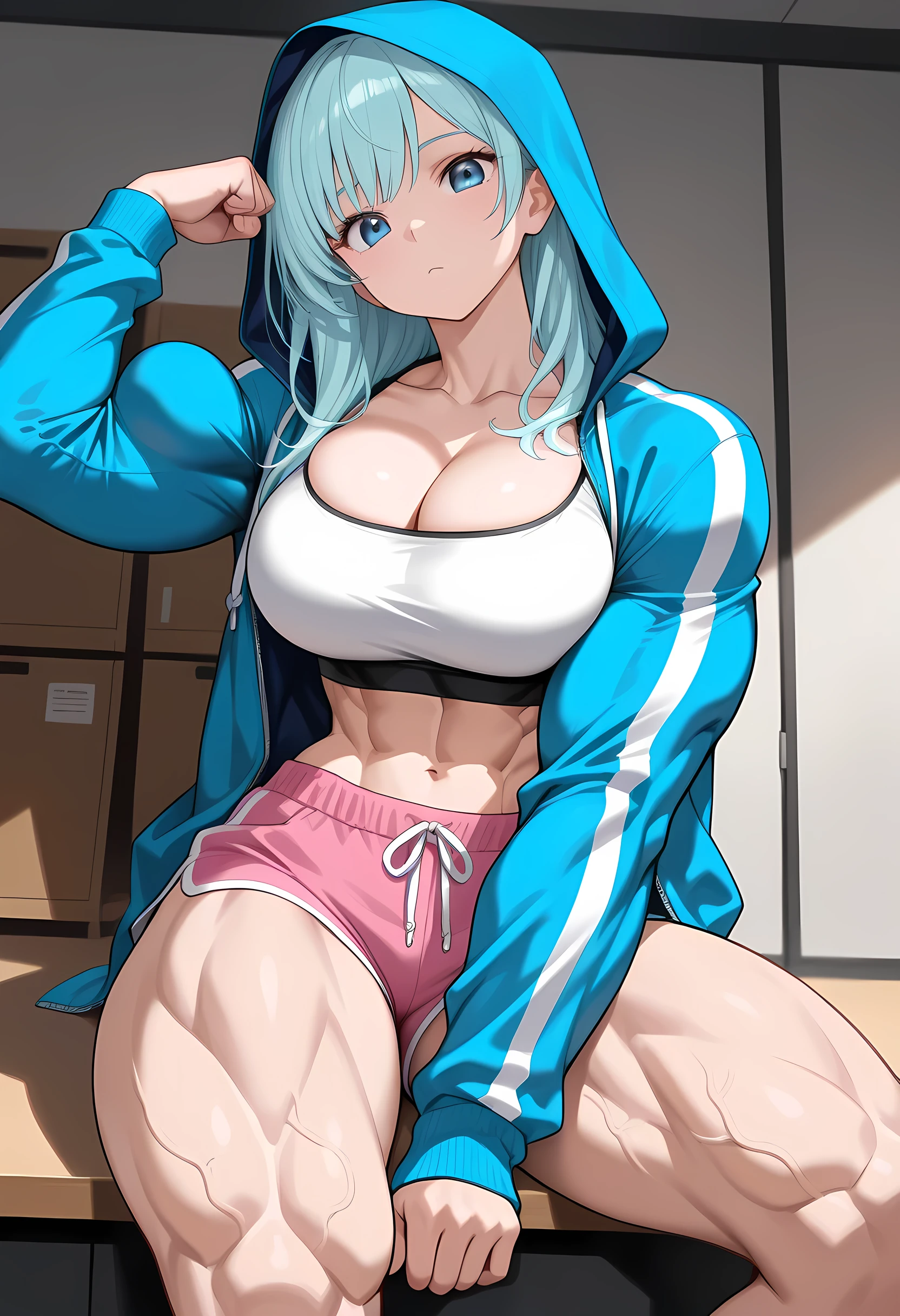 Disdainful eyes and angry expressions (a female athlete,Wear a white sports bra,sitting on bed,spread legs,Liquid leaks from crotch)。