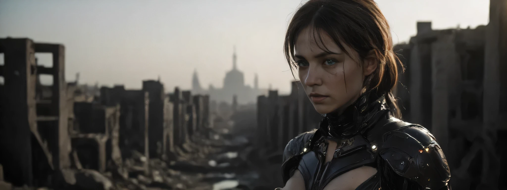A biopunk woman stalks the ruins of a bombed city far below. She is half machine, half woman, is heavily battle damaged, the areas that are still skin bloody and sweating. The lighting is very dark, the subtle LED of her armor casting shadows that accentuate the contours and mechanical details. The background is a bombed city in the distance, creating a quiet yet powerful atmosphere. The shooting angle is close, with a sense of death due to shadow play and the positioning of mechanical elements. The overall composition and technical execution present a seamless blend of organic and technological features, evoking themes of future, integration, and identity. 8k super hd, uhd (full body:2)