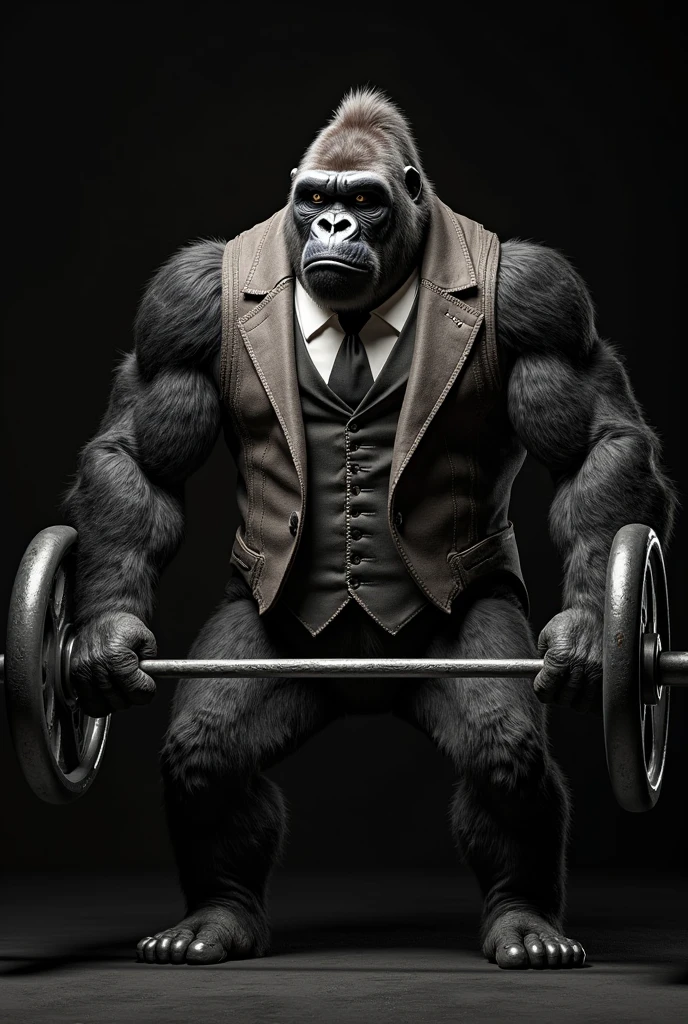 Silverback gorilla in a jar，Ultra-realistic，8k，Wear a tie，Wearing sunglasses，Strong muscles，Dark Black Tones