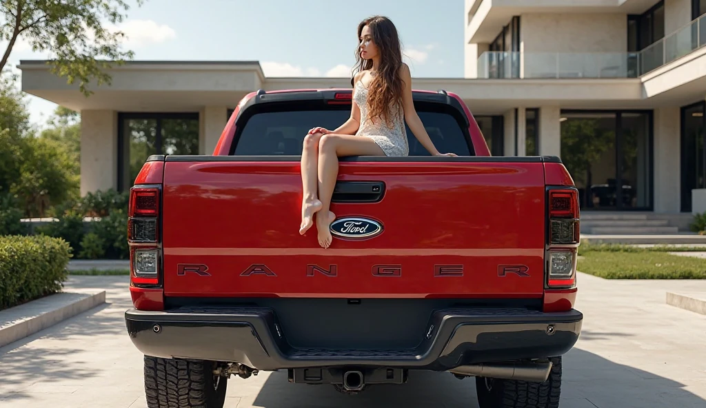 Close-up of a very beautiful green-eyed brunette woman in erotic lingerie, lying face down on the sand at a construction site, looking sensually at the camera. In the background there is a DAF construction truck, model XD, from 2024. On the truck's visor is the word " "ASTURTRUCK"