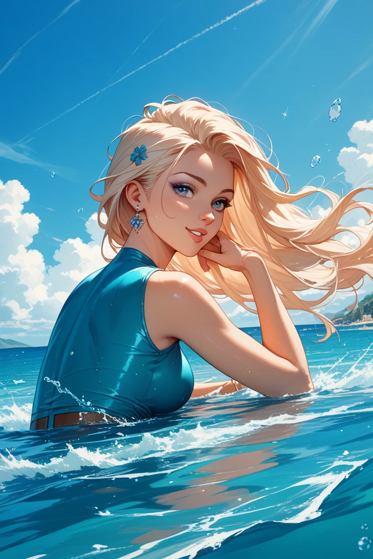 
((side view)), girl sitting on the surface of the water against the background of clouds, open mouth, surprise,
 sitting on the water, side view girl sits in the lotus position, cloud, sea line, only water and clouds,
girl in blue Half top wrestler and blue Elastic shorts look at the side, adult, [Nordic], Hourglass elongated fitness body, perfect Olive skin, Oval Face, Long neck, Rounded shoulders, perfect hand,  Attached Pointed ears, round forehead, Short blonde Waves pixie hair, snub nose, Arched eyebrows, Monolid blue Eyes, High Round Narrow cheekbones, Dimpled Cheeks, Rounded Chin, Rounded Jawline, Fine Puppet Wrinkles, Full nude Lips, (blue eyes), Nude Makeup Look, long eyelashes,  third breast size,  
 graphic style of novel comics, 
2d, 8k, iMax, hyperrealism, masterpiece, high resolution, best quality, ultra-detailed, super realistic, Hyperrealistic art, high-quality, ultra high res, highest detailed, lot of details, Extremely high-resolution details, incredibly lifelike, colourful, 