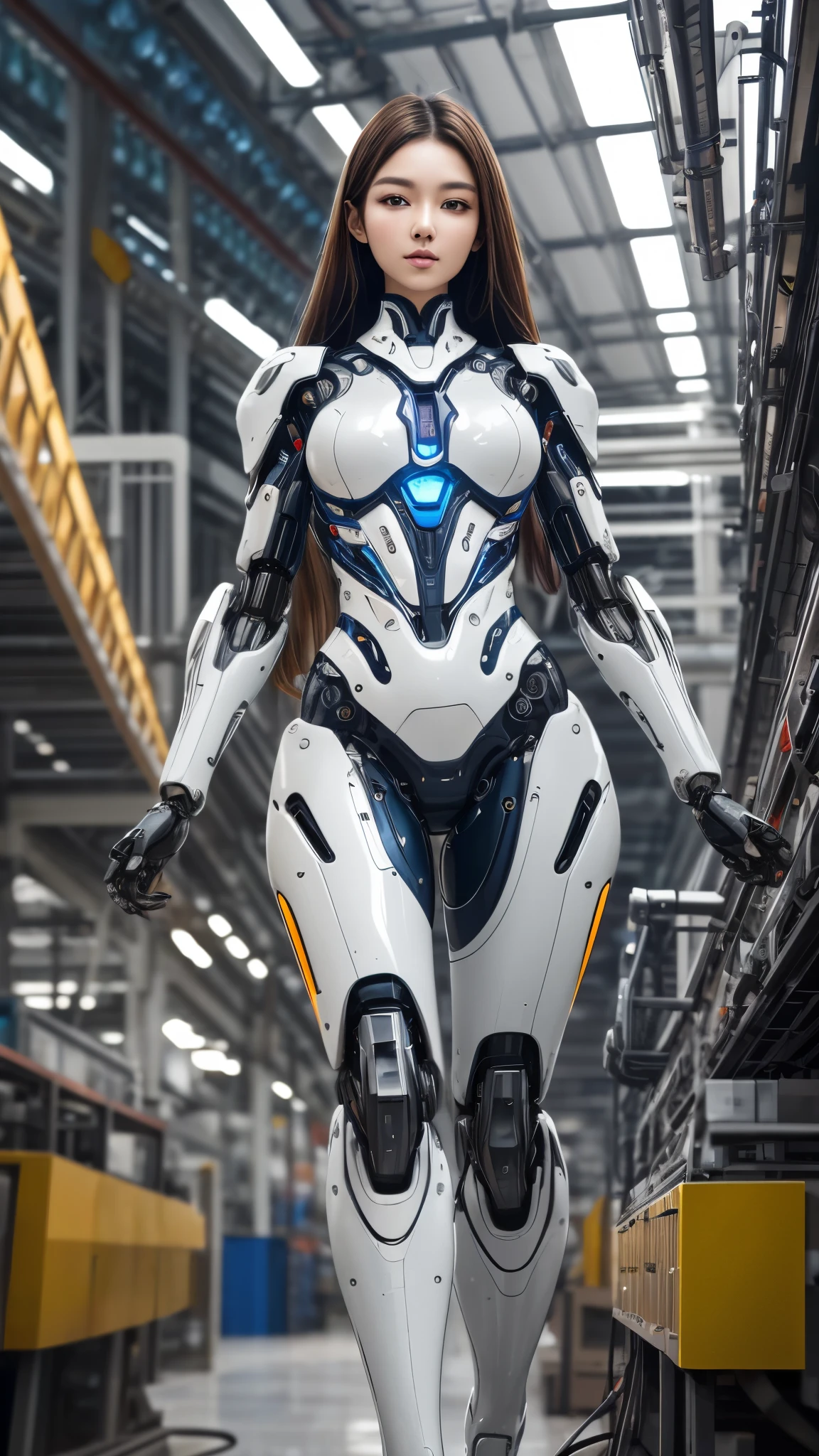 (((masterpiece))), photo Realism, (top Quality, High Quality, top resolution, high resolution), ultra detailed, high detailed, Beautiful robot woman, (Beautiful white Silky smooth face), extraordinary korean idol and mixed face, Beautiful round Curvy face, (perfect proportion symmetry clear face), (Beautiful detailed glossy generous mouthful:1.3), blue lighting clear eyes, model figure, long hair, mechanical futuristic fortified suit, frame of perfect machine cylinder, complete parts, machine parts, wiring, robot long legs, (factory:1.5), cowboy shot, walking, dutch angle