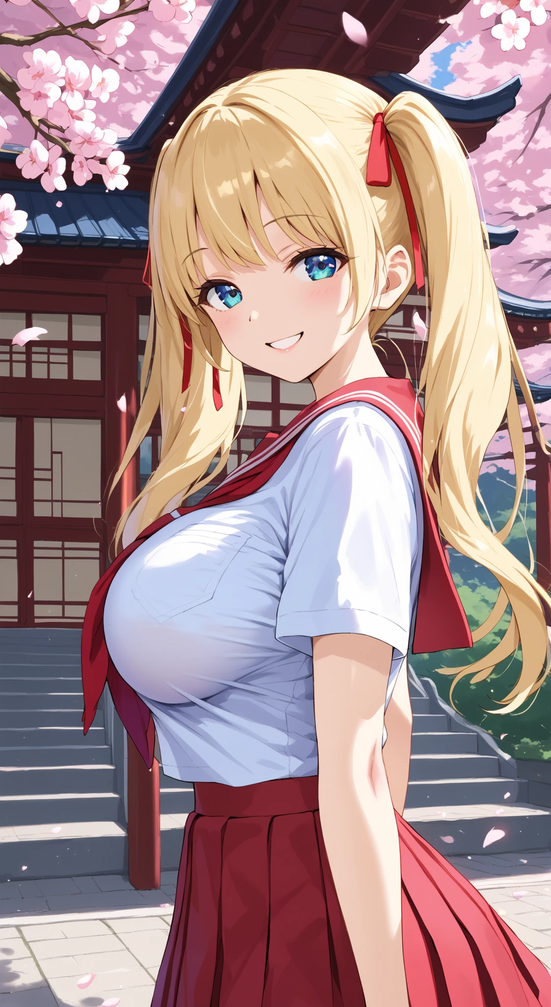 RED_Ribbon_on_HAIR_band,(nsfw:0.7),Masseter muscle part, highest quality, Super high resolution, highest quality, anime style, best lighting, beautiful face, masterpiece, 8K, High level image quality, High pixel count, 1 woman, 1 girl,solo, Blonde and red gradient hair, red eyes, A big smile, Full body Esbian, (Face-centric:1.1), facing the front, wearing a uniform, village background, countryside village, upper body, (White haori:1.2), (Medium breasts:1.1), WHITE tights, Chest opens:1.4,cleavage,cleavage cutout,hosimiya ichigo