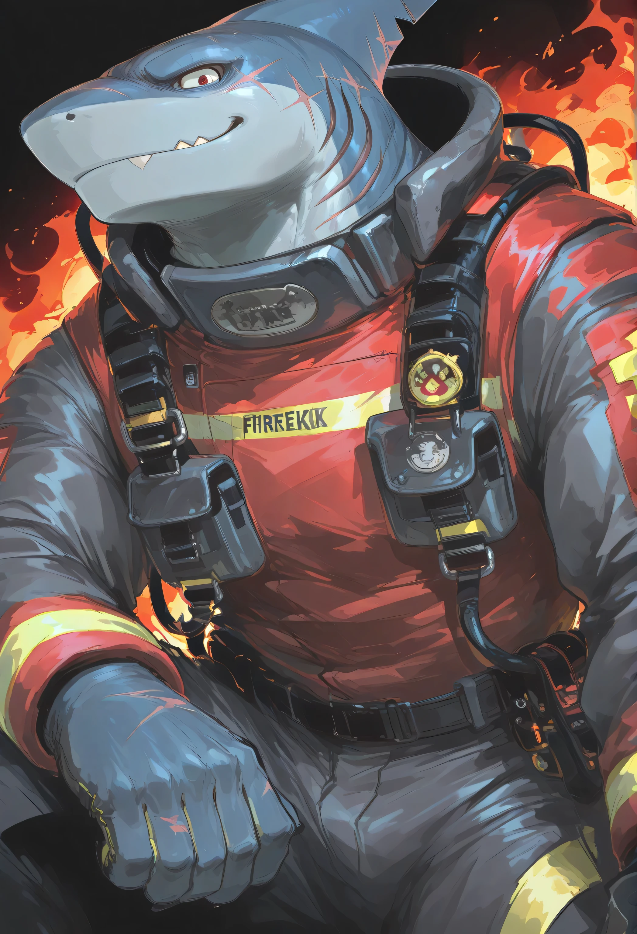 shark,furry,Firefighter,Firefighter服饰,Fire Fighting Suit,Blue-grey Skin,Scars,muscles,strong ones,shark鳍,shark鳃,Confident,Smile,looking at viewer,The fire engine behind
