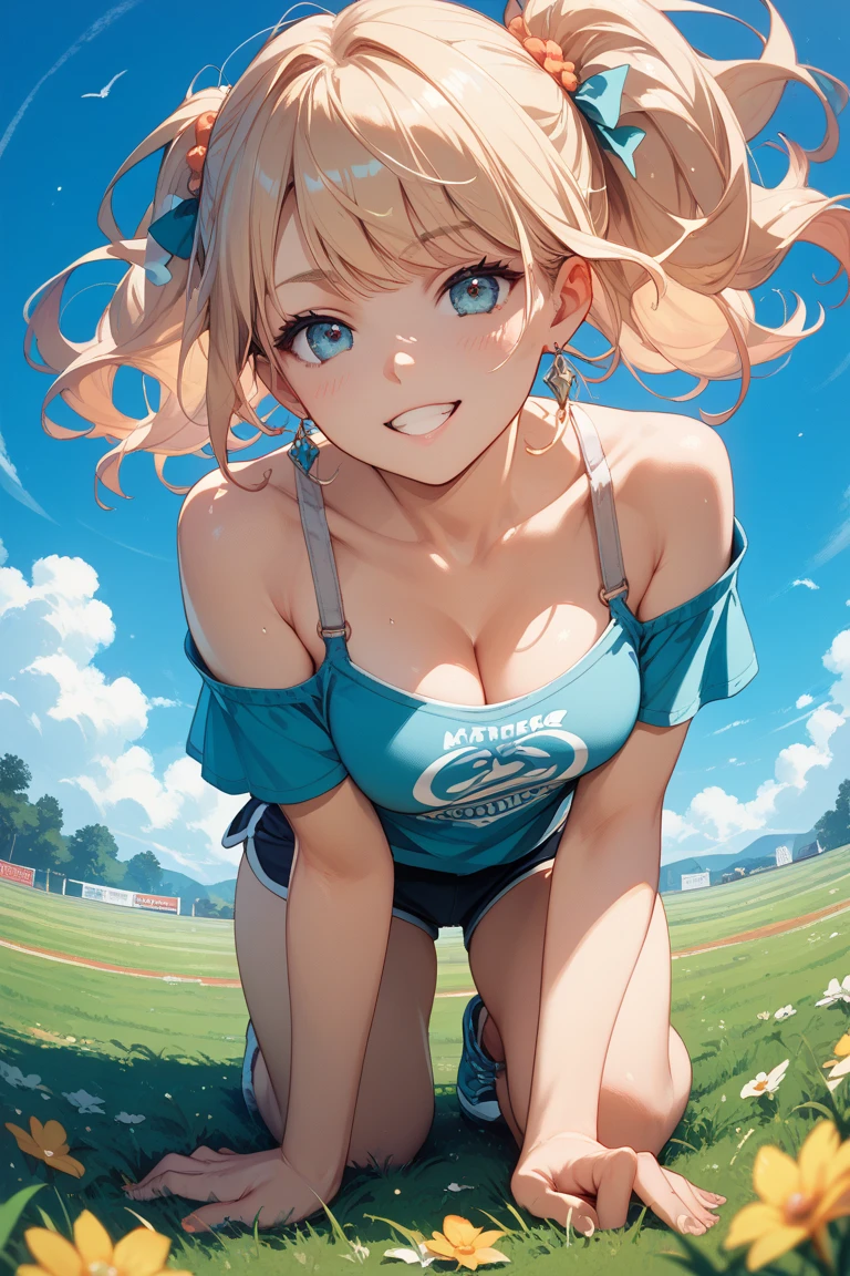 （（super high quality,Ultra-high resolution,16K,super masterpiece,Ultra HD,Ultra high definition:1.3,））One Girl,18-year-old,（Blonde:1.5,Short wavy hair:1.3）,Short Side Ponytail,（Butterfly Shape,Black and purple hair band:1.4,）Emerald eyes,Cleavage,sexly,（（Opened to the chest,tight,Light pink:1.3,One-piece sweat suit:1.5,））（popped collar,tight襟,Large collar,Fine zipper:1.3,）（light blue butterfly necklace:1.2,）To the camera,Smiling happily,Close one eye, V-sign with one hand,Place one hand on hip,leaning forward with her body angled forward,Sweaty,（A lot of water splashes all over the body:1.5,）Angle looking up from below,a blue sky with clouds and sun,