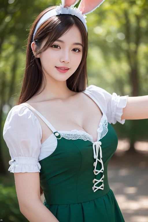 Realistic photo quality、20 year old Japanese model、Idol、Blur the background a lot、 One beautiful woman、Cute Smile、Frilled dress、Cleavage、mini skirt、Hands, feet and beautiful face of a person、The whole body of the person、forest path、looking at the camera、Sprinting towards here、short hair、Brunette Hair、View the photographer