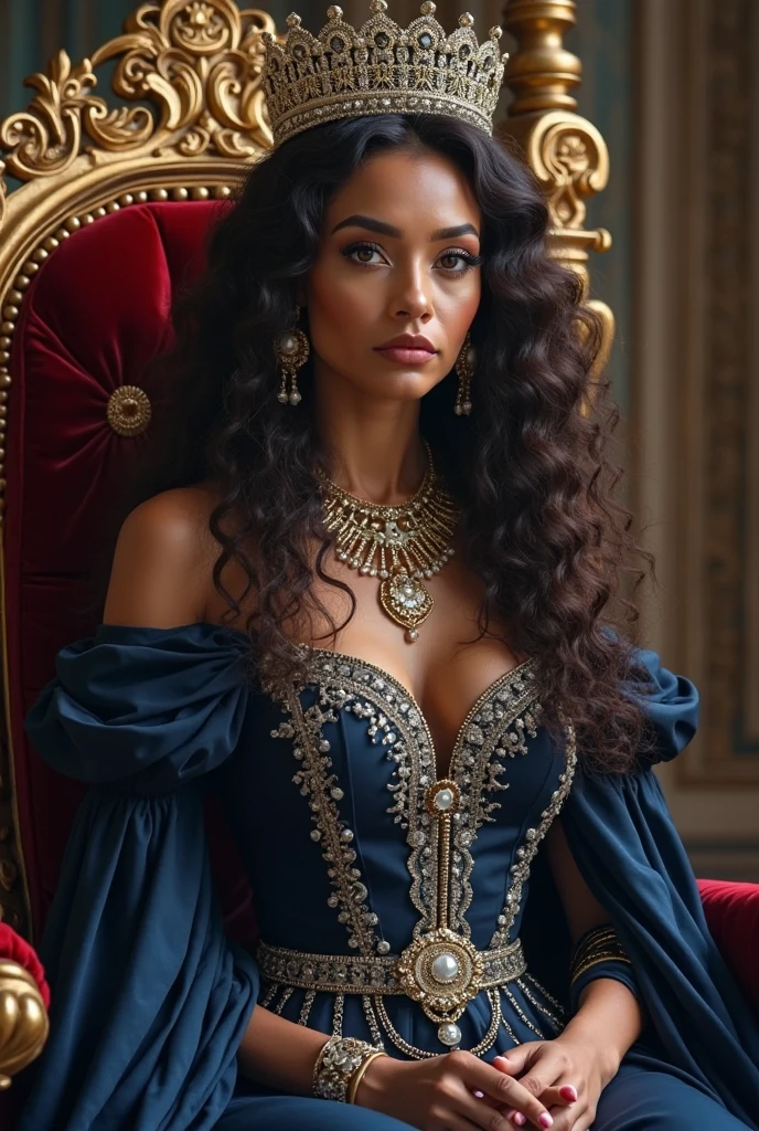 Foto bruta, mulher 25 anos, Image up to size in the center of the composition, ((Longas, preto, curly hair)), olhos azuis, arrogante, vagabunda, arrogante, embroidered with gold from the early Middle Ages (vestido azul escuro) com Longaso, grande, Spacious straight sleeves, em um castelo medieval, Fundo desfocado, 8k UHD, dim lighting, Hiqualidade, grain of film, Fujifilm XT3