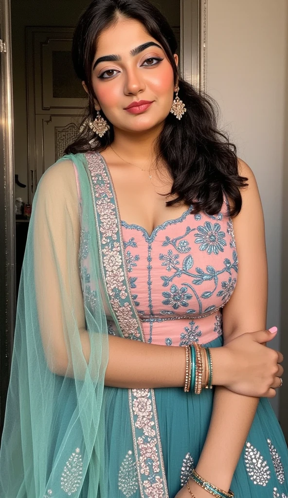 Divya Bharti 28 years old beautiful different cute Indian girl face, big bulky m-cup breast, curvy plus size body figure, Geometric BlissDesigns Embroidery different colorful t-shirt, Wearing a premium Geometric Bliss Designs Embroidery Wearing a saree politely, different hairstyle, bright eyes, thin eyebrows, fair skin, blushing cheeks, head to thigh close up view, smiling face, ultra realistic skin texture, Straight front view standing, beautiful different Banff National Park, Alberta, Canada background, ultra realistic, close up head to thigh view, black hair, eye Contact, glossy lipstick, attractive eye contract face, big bulky breast, lighting shadows effect