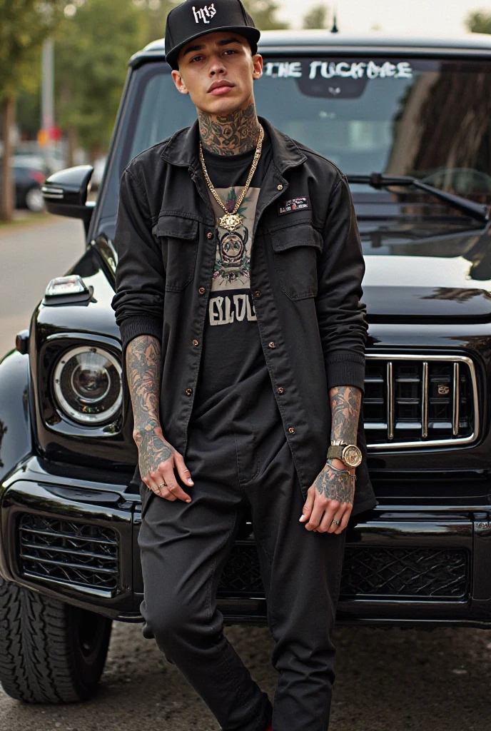 A 20 year old man, brown hair ''start over'' tattooed on face, with the profile pose, putting on a nike airmax sneaker on your foot, with sports car backdrop behind, medium nose, baggy pants and neck chain