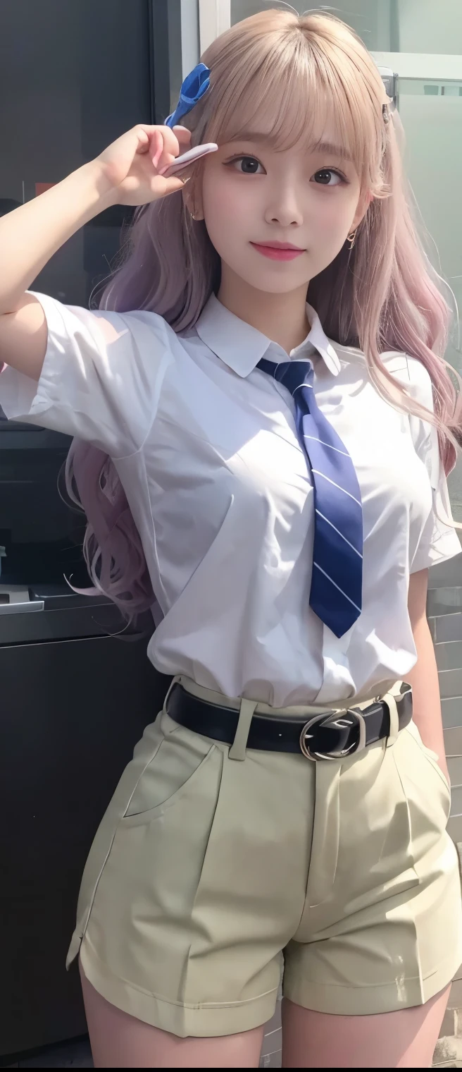 pure idol girl(wave hair)、A pure girl's face、 hypo、 White Tight Shorts 、elegant shirt with tie、elegant belt、Glowing Light Ring、