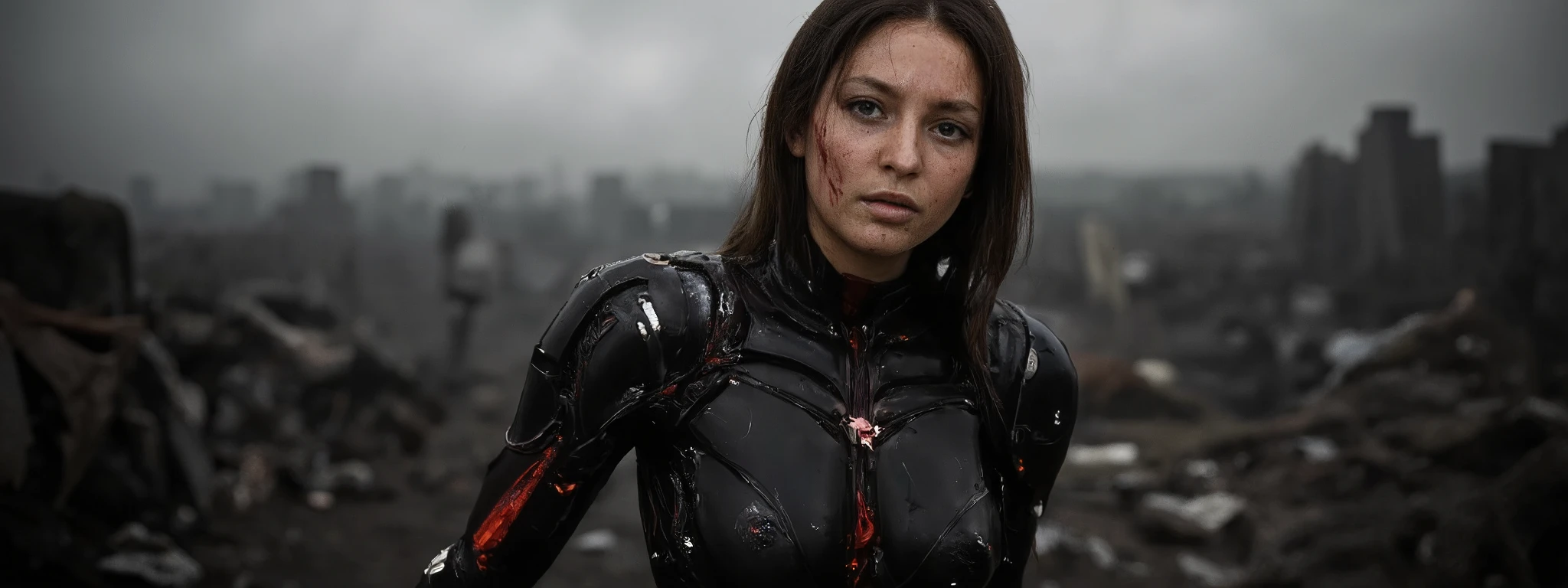 A biopunk woman scavenging the ruins of a bombed city far below. She is grievously injured, the bare skin that is left is bloody and she's sweating profusely. The lighting is very dark, the subtle LED of her armor casting shadows that accentuate the contours and mechanical details. The background is a bombed city in the distance, creating a quiet yet powerful atmosphere. The overall composition and technical execution present a seamless blend of organic and technological features, evoking themes of future, integration, and identity. 8k super hd, uhd (full body:2)