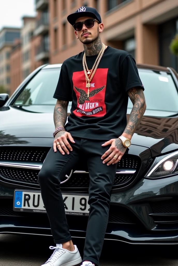 Man squatting shirtless black cap gold watch white pants white sneakers