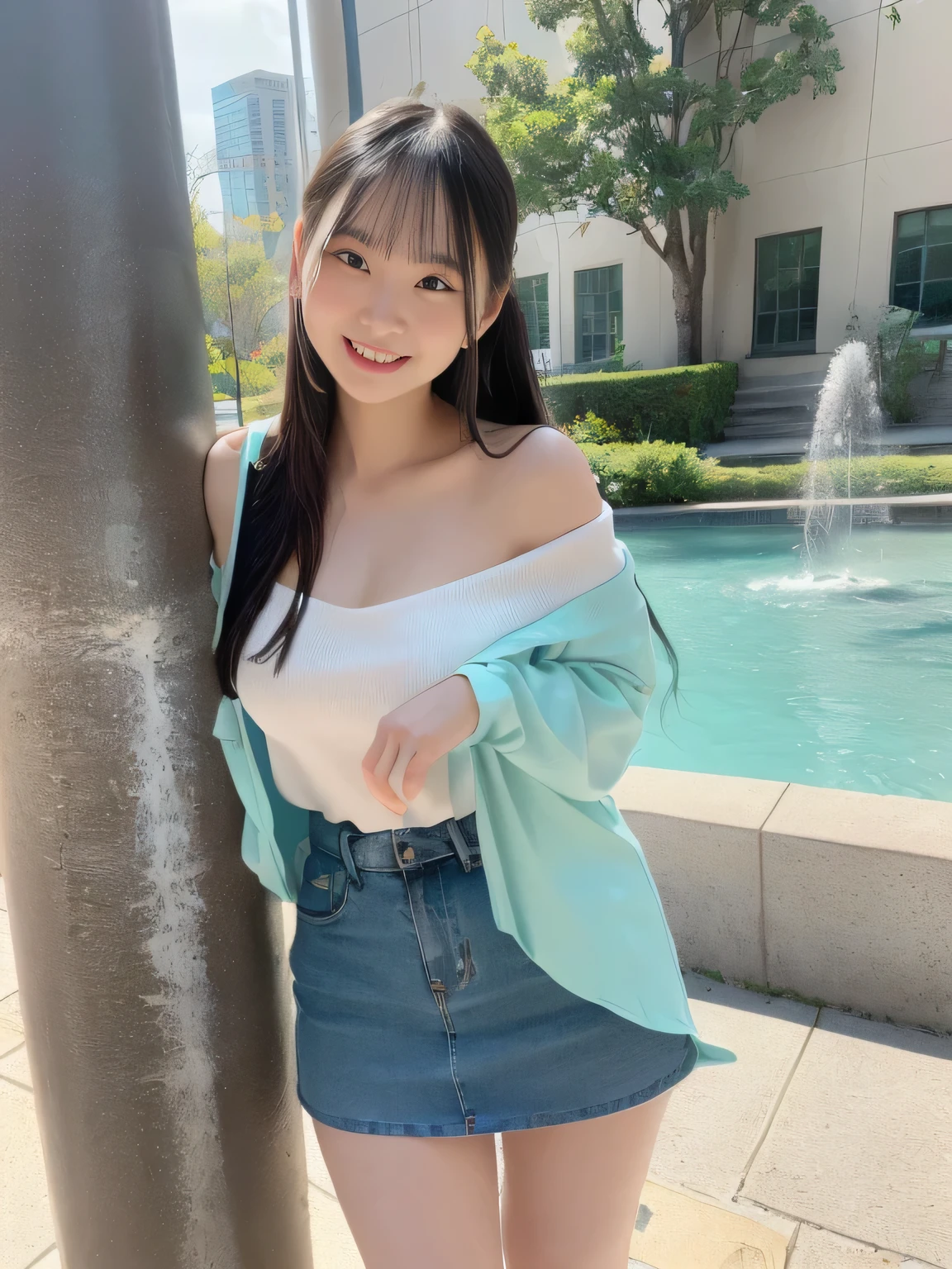 (((spring cityscape with fountain)))((portrait of a girl leaning on a pillar))、(((best image quality、highest resolution、masterpiece、8k)))、(((Detailed Faces)))(((cute face)))(((Baby Face)))(((Young contour)))((( Lovely facial features)))、((( Blizzard 10 )))(((model body type)))((( Perfect pose line)))、(((Big Breasts 1.0)))((( Detailed Body .5)))、(((long straight hair)))((bungs))、(((Off Shoulder 3.0)))(((colorful overblouse 3.0)))(((colorful overshirt 3.0)))(( pastel shirt ))((( Miniskirt 1.0)))(((random standing pose 1.0)))(((dynamic standing pose 1.0)))(((active pose 1.0)))(((cute way to walk 1.0)))(((lesbian couple raising their corners and smiling)))(( lesbian couple shots 8.0))
