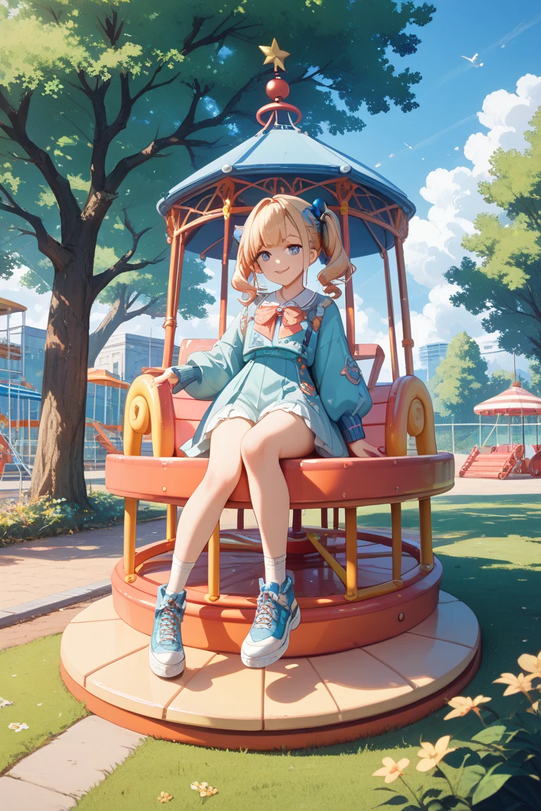 In the middle of a lush park、A little 10-year-old girl is playing innocently and laughing happily。Her bright smile shines as bright as the sun、The pink dress flutters and sways in the wind.。She played tag with her friends.、Jumping high and high on the swings, aiming for the sky、Building castles in the sandbox。Her big eyes are full of curiosity、Every minute and every second is a new adventure。Her innocent voice echoed throughout the park.、It brightens up the atmosphere.。