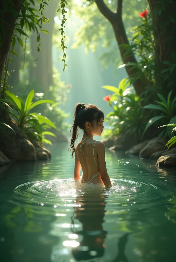 a sexy and beautiful girl in a large summer forest, sunlight reflecting on a river,bikini, the girl preparing to take a bath, detailed face and body, realistic, photorealistic, high quality, 8k, detailed environment, lush greenery, sunlight shimmering on water, serene atmosphere, Wadim Kashin inspired art
