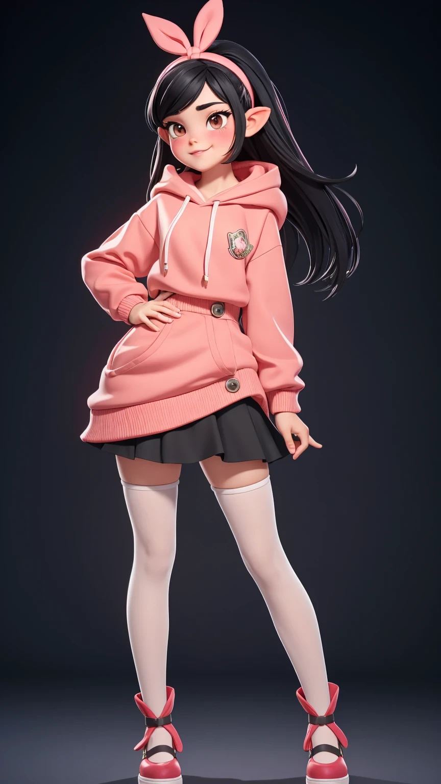 (best quality:1.4),(shiny skin), body focus, (adult face), (((best quality))), illustration, adult, full body view, ((Beautiful Finger)), , Beautiful body, Beautiful character design, ,perfect lighting, Colorful, Bright_Front_face_Lighting, ultra high res, highres, absurdres:1.2, bokeh:1.2, lens flare, (vibrant_color:1.2), , (thick thighs:1.1), THICK, Black hair with colored sprinkles, red ribbon, teal hoodie, large brown eyes, pointy ears, pink blush on cheeks, content expression, skirt, Vanellope von Schweetz posing leaning_back from behind, slightly flashing buttons in pantyhose , full body shot ,full shot ,RAW_NSFW , 20 years old, tall, long legs, adult