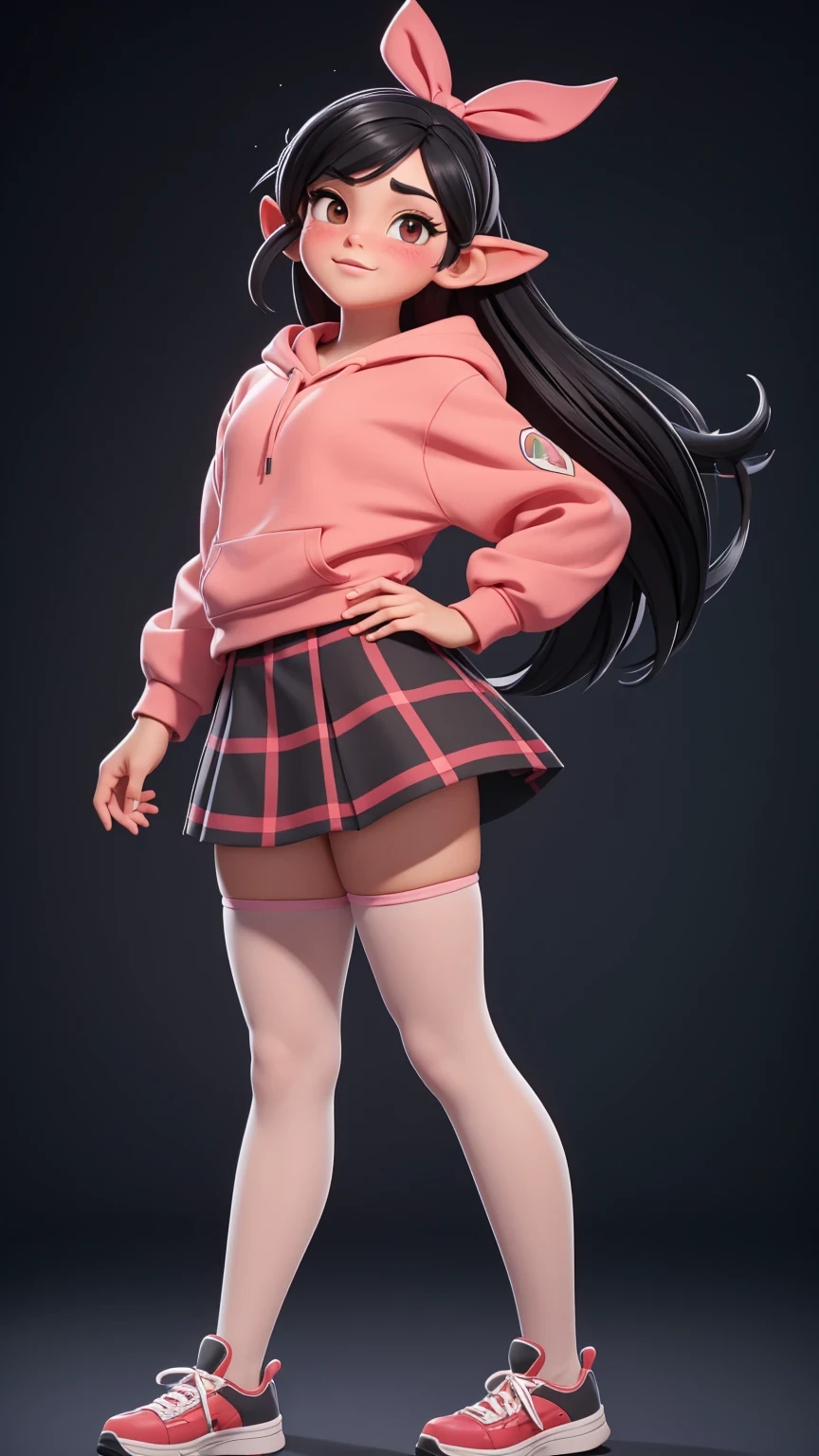 (best quality:1.4),(shiny skin), body focus, (adult face), (((best quality))), illustration, adult, full body view,  ((Beautiful Finger)), , Beautiful body, Beautiful character design, ,perfect lighting, Colorful, Bright_Front_face_Lighting, ultra high res, highres, absurdres:1.2, bokeh:1.2, lens flare, (vibrant_color:1.2), , (thick thighs:1.1), THICK, Black hair with colored sprinkles, red ribbon, teal hoodie, large brown eyes, pointy ears, pink blush on cheeks, content expression, skirt, Vanellope von Schweetz posing leaning_back from behind, slightly flashing buttons in pantyhose , full body shot ,full shot ,RAW_NSFW , 20 years old, tall, long legs, adult