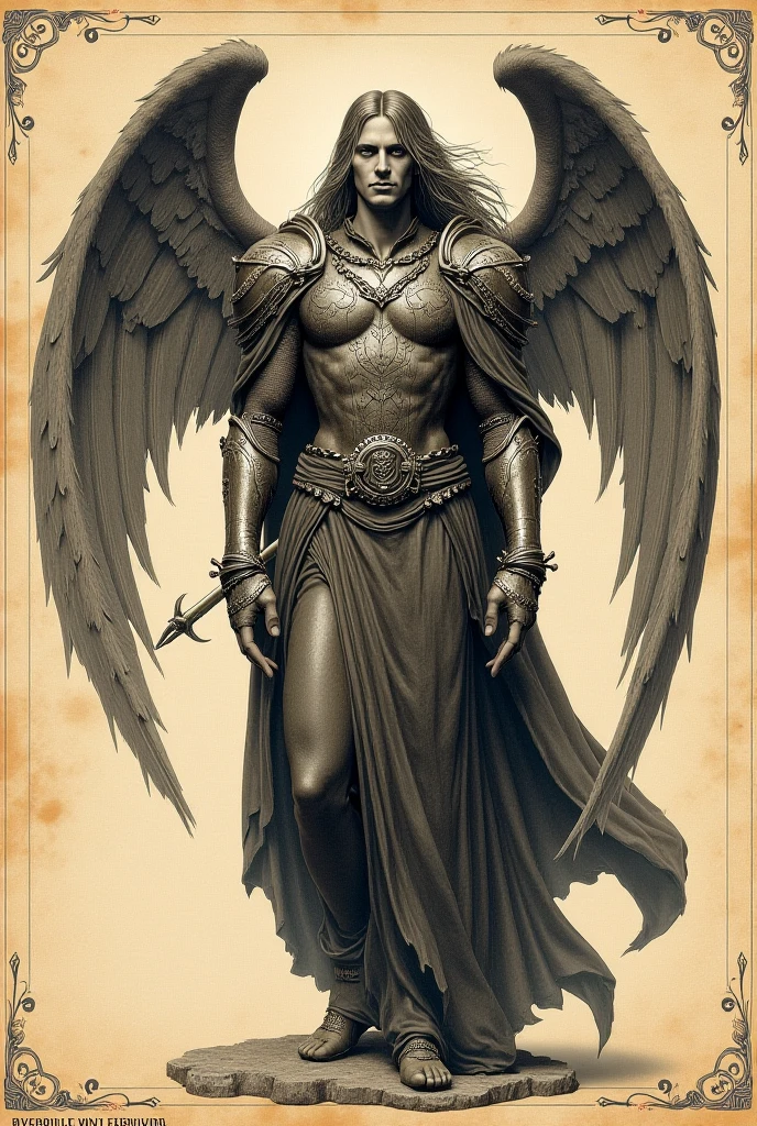 Black and white forearm tattoo showing an angelic warrior, fighting with two snakes that intertwine with each other and the warrior