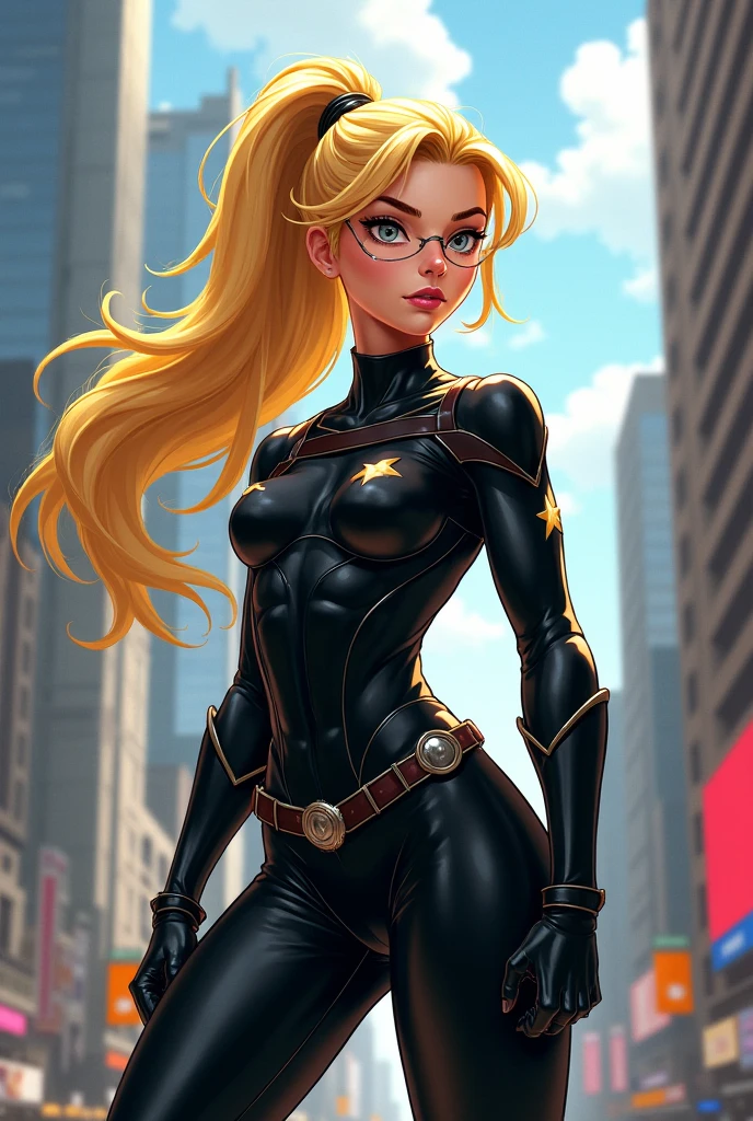 masterpiece, best quality, agrias, grey sweater, tight black leotard, standing, looking at viewer, blonde hair, superhero, bare legs, matching thigh-high boots, city backdrop