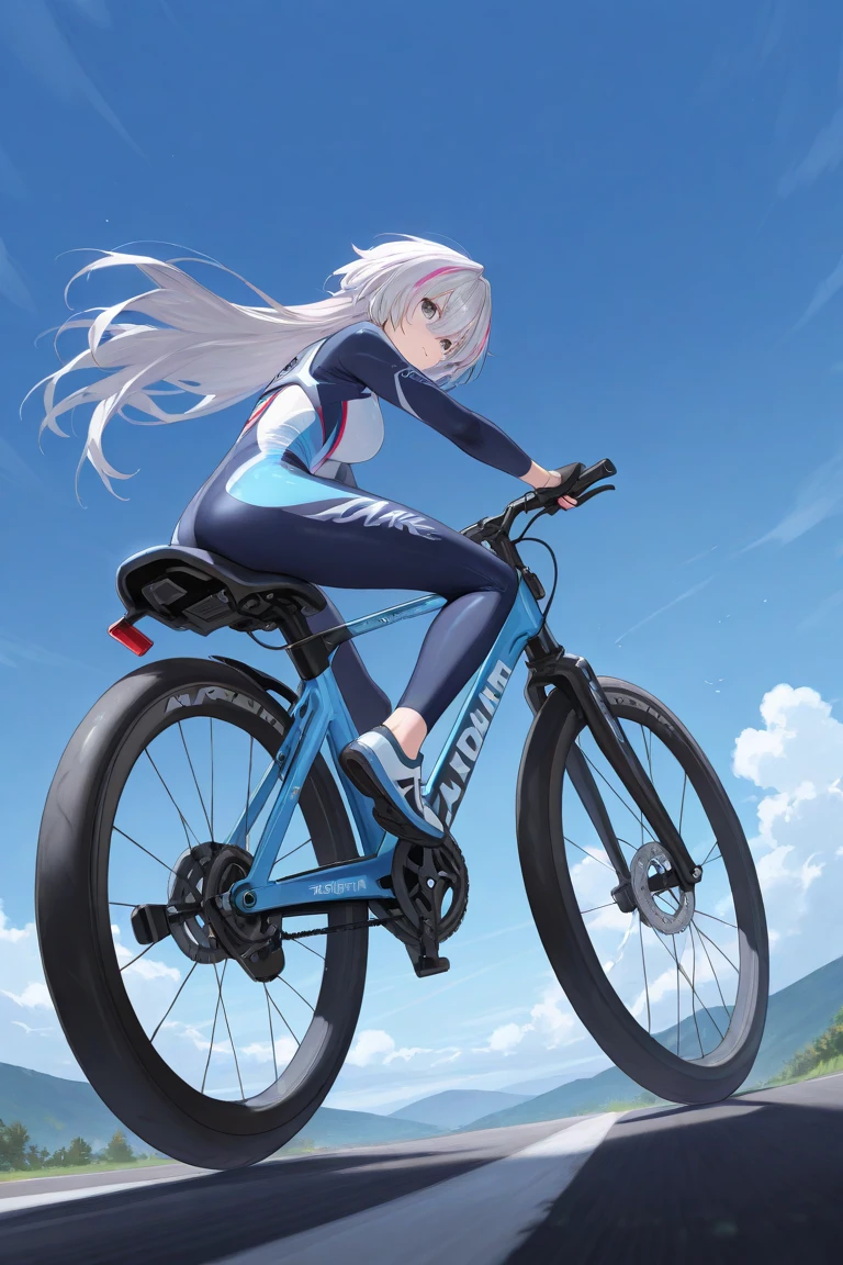 Um ciclista pedalando de bicicleta por uma montanha nevada, silver hair, speed lines, polar opposites, UHD --auto