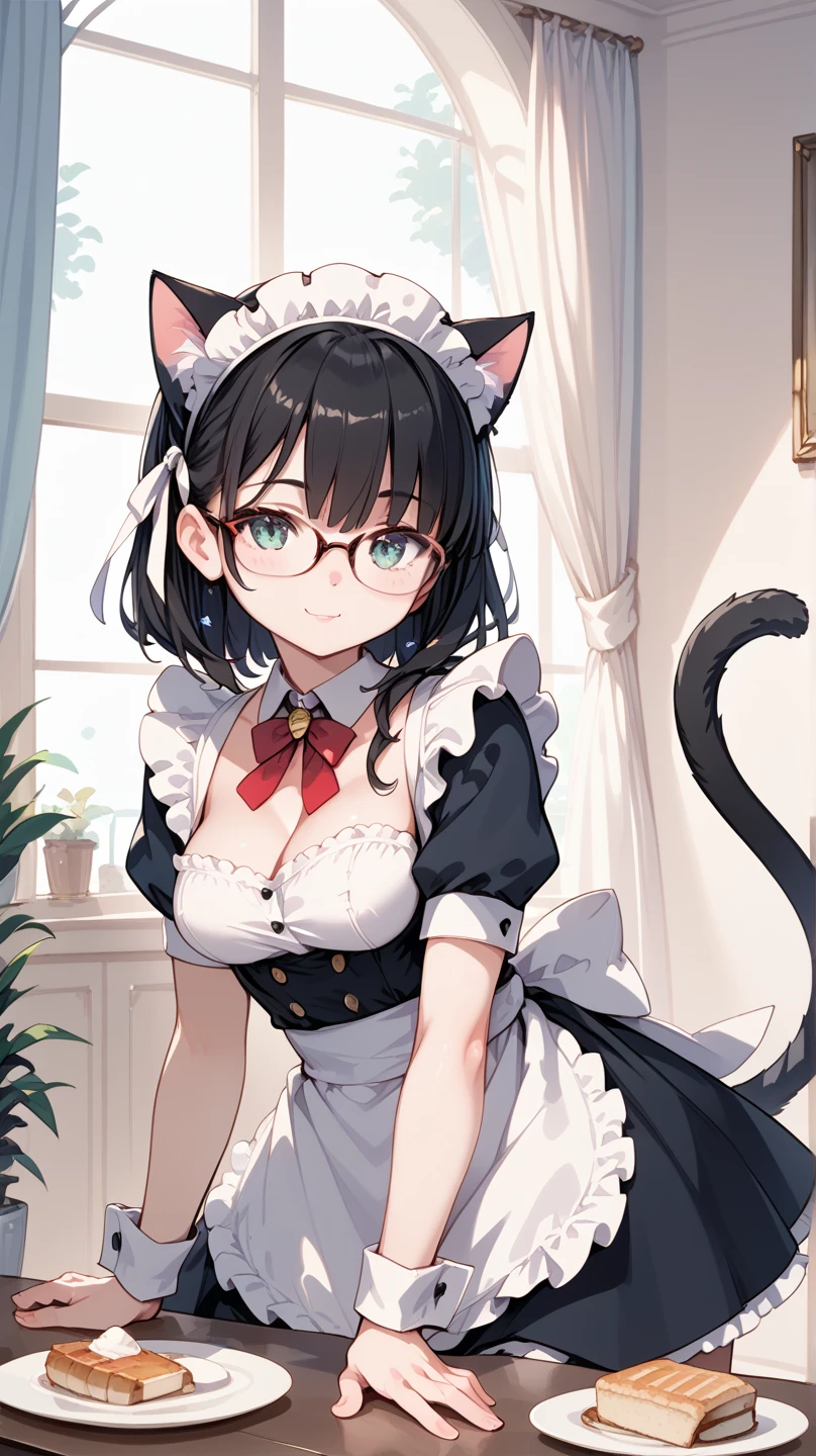 1 Red-haired girl, with glasses, breasts, green eyes, maid's clothes, maid, cleavage, short hair, looking at me, in a room, dark light, big breasts, serious face, holding her apron, cat ears, cat tail 