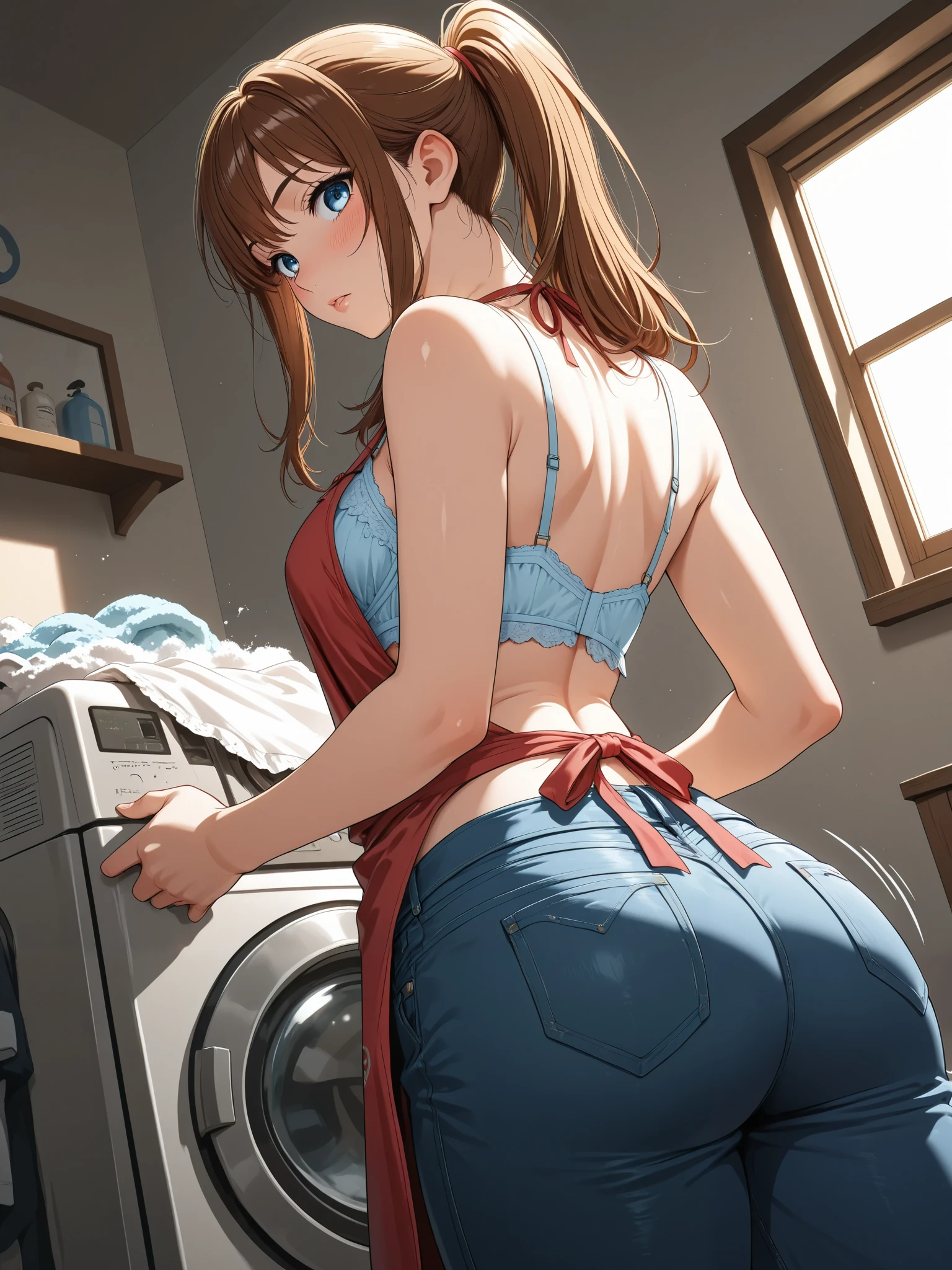 masterpiece, best quality, newest, high definition, No posts, 1 girl, Yokota Mamoru style,1 girl, Narrow Face,motion line on one side, solo score_core_8_up、score_7_up、source_anime,solo,1girl, blush
Asai Ayaka,brown hair, ponytail,clear blue eyes,medium , wide hip, curvy,long hair,
Home ,laundry,Wash lingerie ,washing machine,apron, jeans, shirt,(from back angle:1.5),(from below)