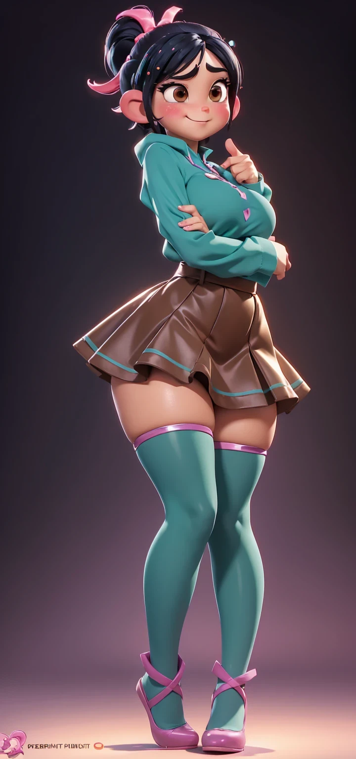 Full body view, adult, (best quality:1.4),(shiny skin), body focus, (cute face), (((best quality))), illustration, adult, full body view, ((Beautiful Finger)), , Beautiful body, Beautiful character design, ,perfect lighting, Colorful, Bright_Front_face_Lighting, ultra high res, highres, absurdres:1.2, bokeh:1.2, lens flare, huge breasts, tall, long curvy legs, stockings,(vibrant_color:1.2), , (thick thighs:1.3), THICK, Black hair with colored sprinkles, teal shirt, large brown eyes,perfect ears, pink blush on cheeks, content expression, skirt, adult Vanellope von Schweetz, 16 years old.