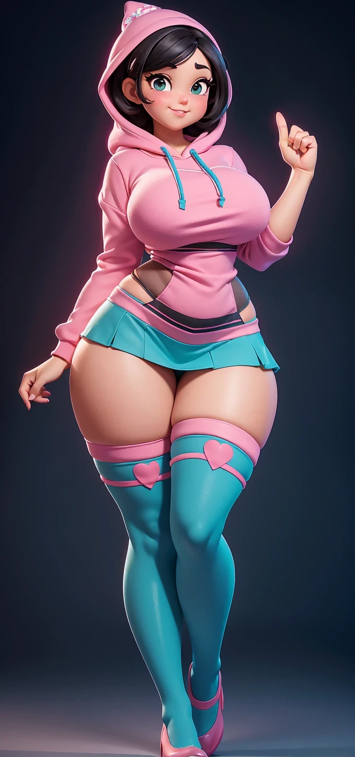 Full body view, adult, (best quality:1.4),(voluptuous curves), body focus, (cute face), (((best quality))), illustration, adult, full body view, ((Beautiful Finger)), , Beautiful body, Beautiful character design, ,perfect lighting, Colorful, Bright_Front_face_Lighting, ultra high res, highres, absurdres:1.2, bokeh:1.2, lens flare, huge breasts, tall, long curvy legs, stockings,(vibrant_color:1.2), , (thick thighs:1.4), THICK, Black hair with colored sprinkles, gray stockings, teal hoodie, large brown eyes,perfect detailed, pink blush on cheeks, content expression, skirt, adult Vanellope von Schweetz, 14 years old.