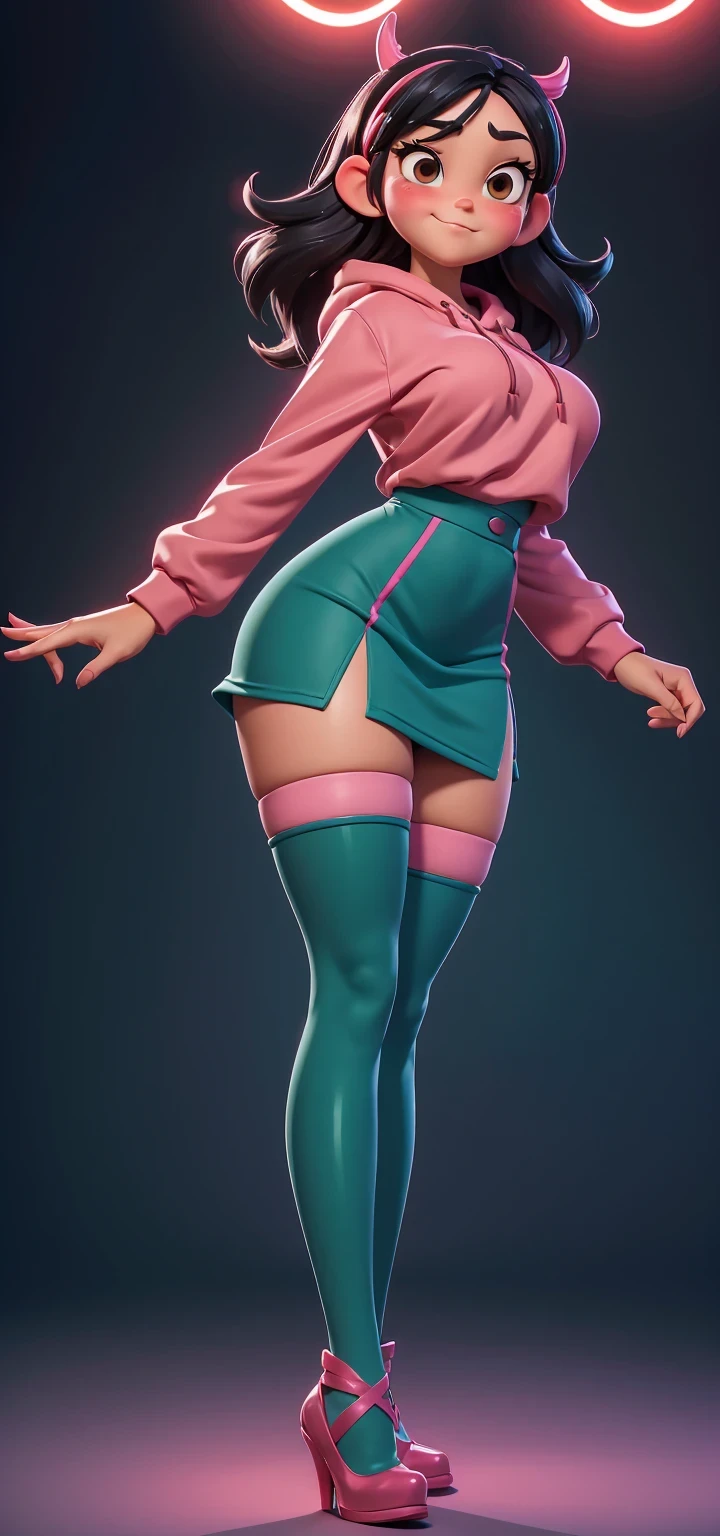 (long full body shot) ultra realistic (solo Arabic woman) ((slim fit sheer hijab) (turtleneck) cleavage neckline (mini skirt)), (full body), (ultrarealistic skin), (large breasts), (belly piercing)1.1, (high stockings), straps, (stiletto pumps), (standing legs parted)1.1, (vivid color, pastel color)1.4, (sheer silk cotton transparent fabric)1.3, muscular calf legs, full body, photorealistic, natural light, sharp focus,[pink|red|green|blue|purple|yellow|orange|maroon|cyan|mauve:0.10], solo