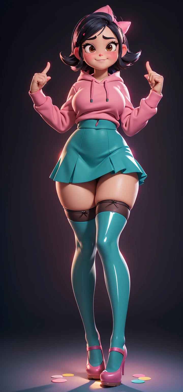 Full body view, adult, (best quality:1.4),(shiny skin), body focus, (cute face), (((best quality))), illustration, adult, full body view, ((Beautiful Finger)), , Beautiful body, Beautiful character design, ,perfect lighting, Colorful, Bright_Front_face_Lighting, ultra high res, highres, absurdres:1.2, bokeh:1.2, lens flare, huge breasts, tall, long curvy legs, stockings,(vibrant_color:1.2), , (thick thighs:1.3), THICK, Black hair with colored sprinkles, red stockings, teal hoodie, large brown eyes,perfect ears, pink blush on cheeks, content expression, skirt, adult Vanellope von Schweetz, 16 years old.