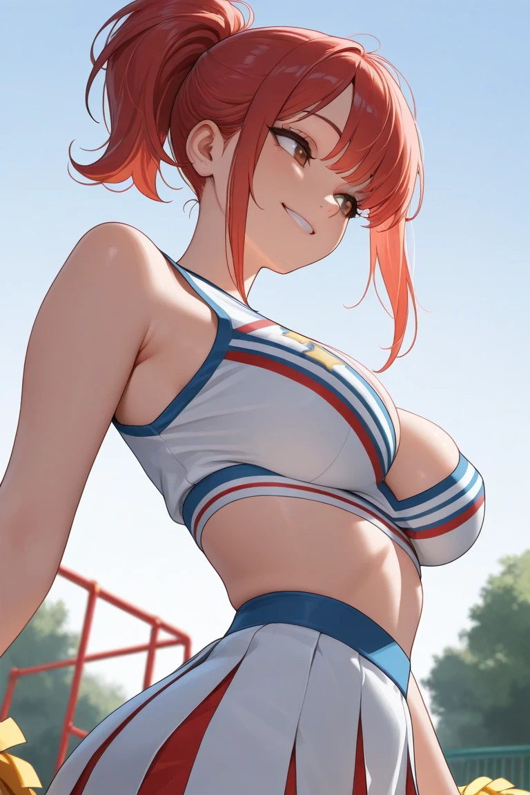 ((1girl)), perfect face, young woman, beautiful face, perfect face, masterpiece, flannery, ((flanneryoras)), red hair, red eyes, ((red tube top:1.3)), ((underboob)), (((small thin Bandeau))), ((red bandeau)), ((huge breasts:1.3)), ((loose top)), ((strapless top)), indentation, bursting breasts, cowboy shot, outdoors, smile :D, facing viewer, ((strapless, bare shoulders)), denim shorts