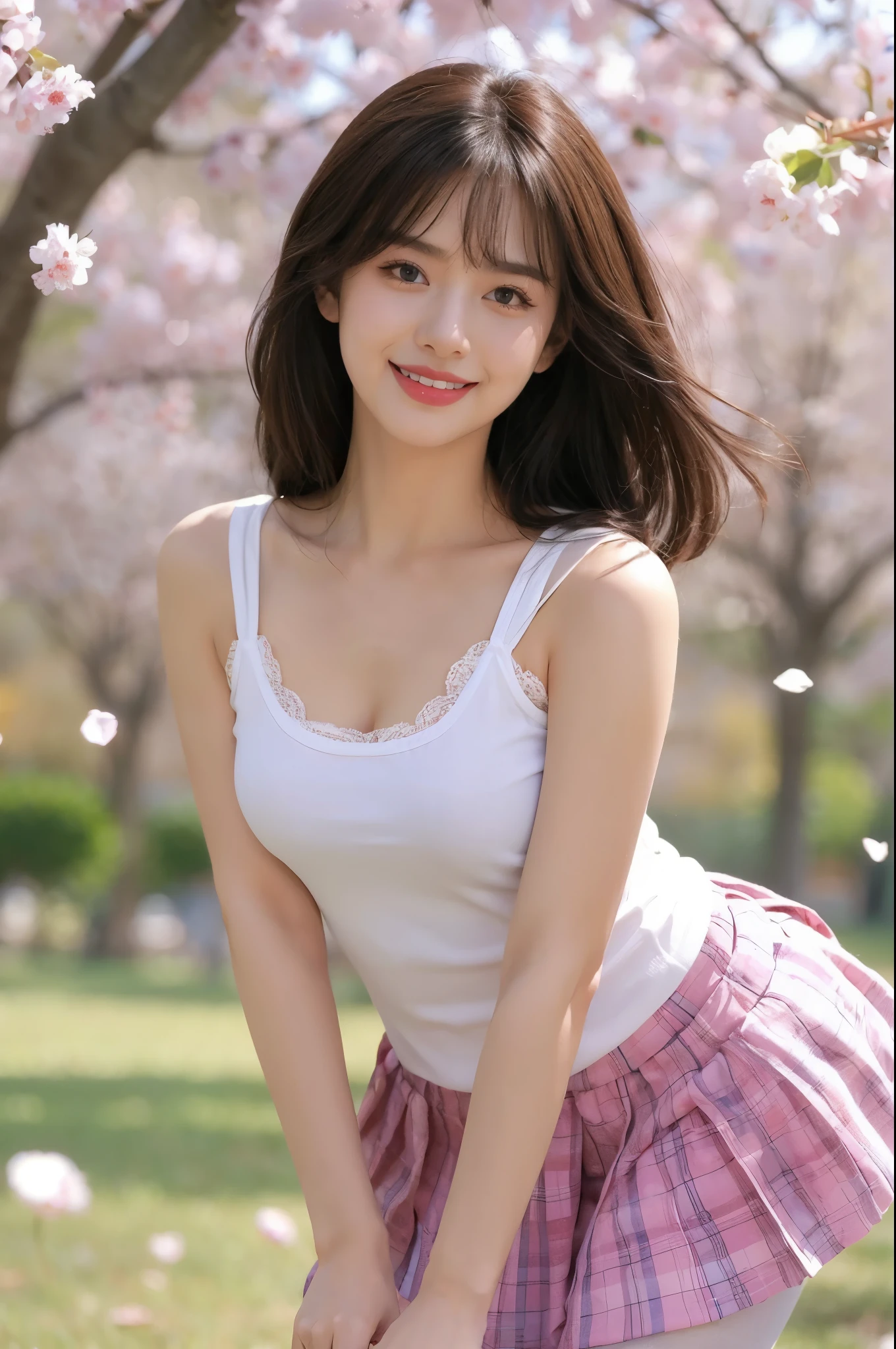 Browsing Caution、8K Raw Photo、highest quality、masterpiece、Ultra-high resolution、Film Grain、movie、One girl、viewerviewing、Natural skin texture、Realistic eye and facial details、Full Lip、Lipstick、 (Red Makeup)、Red eyeshadow、Fluffy short hair、Messy Hair、smile、Close your mouth、Beautiful feet、Tall Woman、skinny、Slim legs、alone、Huge breasts、Cleavage、Pose with your butt facing yourself,Ultra mini skirt,teeth,shirt,Beautiful natural place,around flowers location,(Detailed Background),Checked skirt,White shirt,Huge breasts,Cleavage,s 