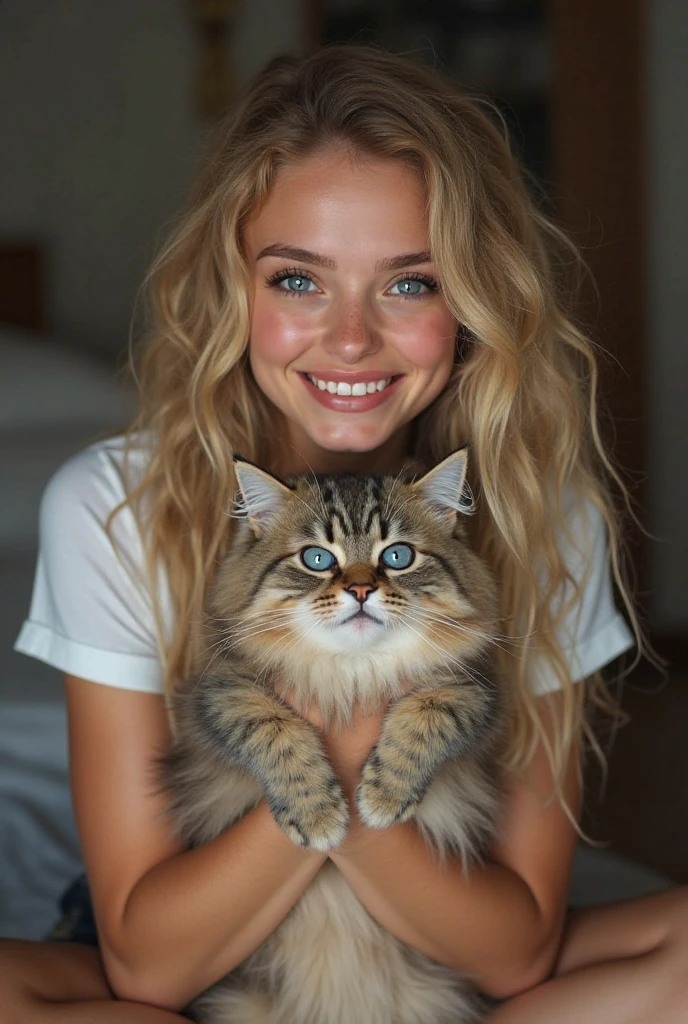 cute blonde girl with blue eyes, taking a photo of her pussy.
