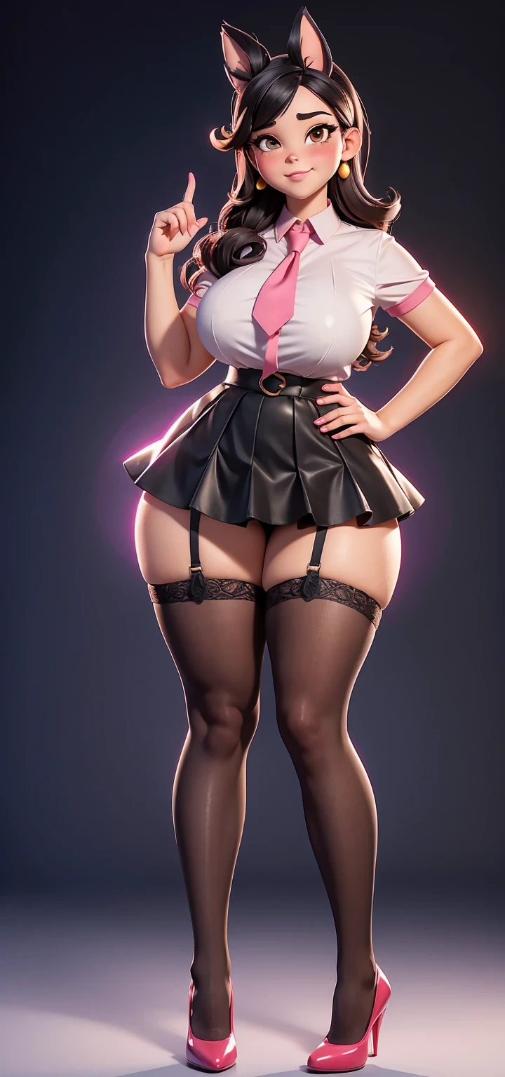 Full body view, adult, (best quality:1.4),(shiny skin), body focus, (cute face), (((best quality))), illustration, adult, full body view, ((Beautiful Finger)), , Beautiful body, Beautiful character design, ,perfect lighting, Colorful, Bright_Front_face_Lighting, ultra high res, highres, absurdres:1.2, bokeh:1.2, lens flare, huge breasts, tall, long curvy legs, stockings,(vibrant_color:1.2), , (thick thighs:1.3), THICK, Black hair with colored sprinkles, red stockings, large brown eyes,perfect ears, pink blush on cheeks, content expression, skirt, adult Vanellope von Schweetz, 30 years old, tight shirt, tall, long sexy legs, lifting skirt, showing panties