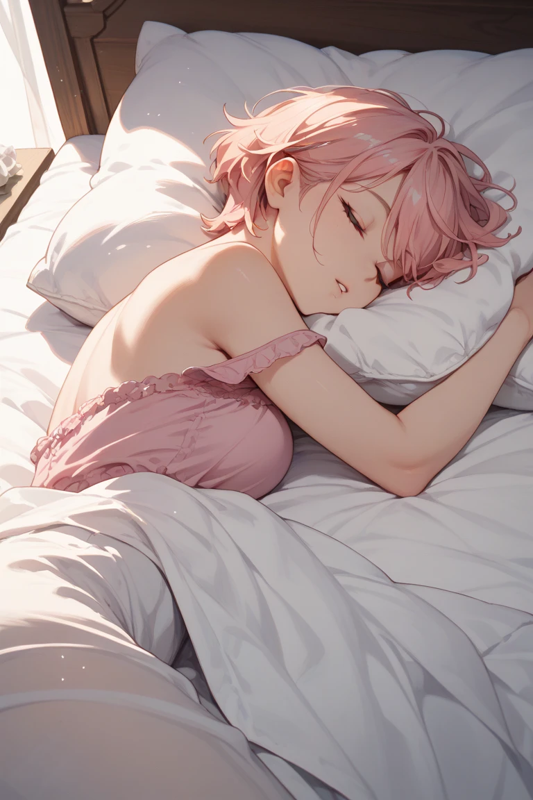 Disney Pixar style, cute girl with short pink hair with bangs, wearing a white shirt and pink shorts, lying sleeping on a large bed in a bedroom, day, perspective from above, realistic, 8k