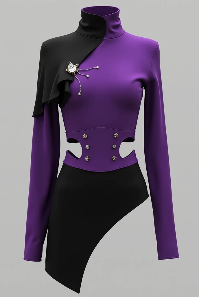 Fitted dress with waistband, black and purple, with shine and transparency in the upper fabric, manga curta, medieval and with an opening in only one of the legs. In model V the leg opening