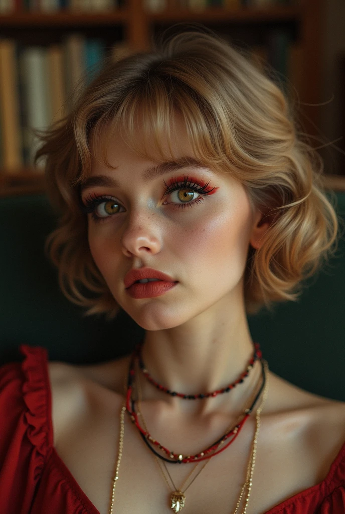 1 solo Girl, blondin Bob hair, red lips, head, looks straight ahead