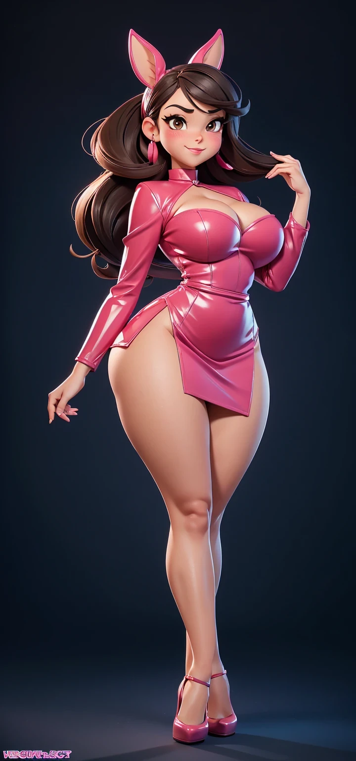 Curvy babe, wide medium breasts, tiny tube-top, cleavage bulge, upper body turned towards viewer, side view, lower body turned to side, wide round ass, curvy ass cheeks, full body view, red heels, 