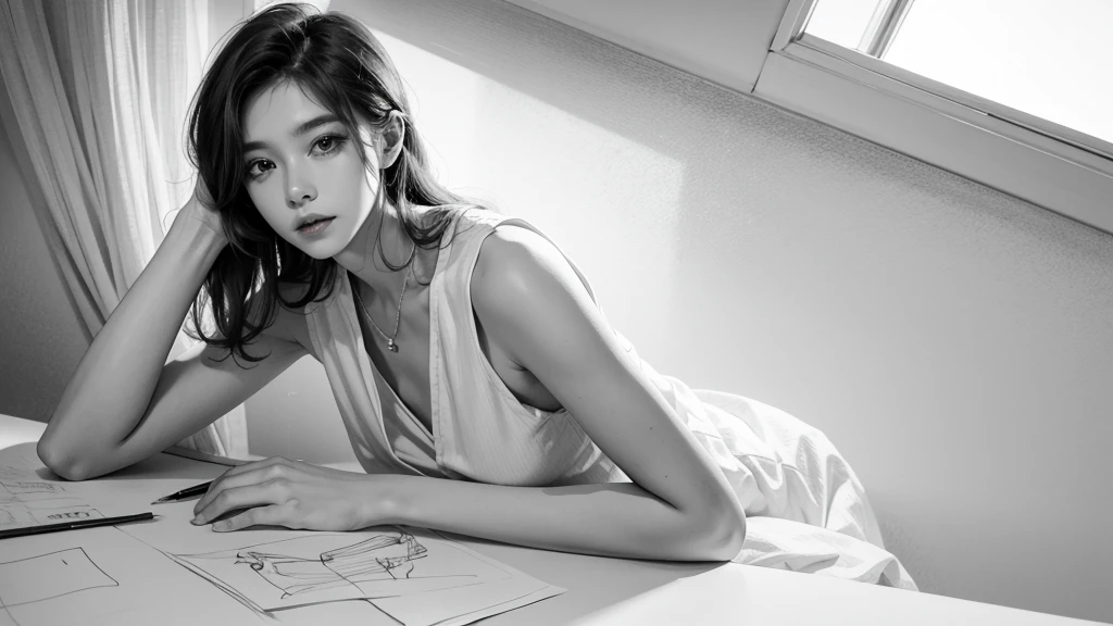 2d_artwork, drawing of a woman,medium body, sitting, (masterpiece:1.0), (best quality:1.0), (intricate details), b/w, black and white
