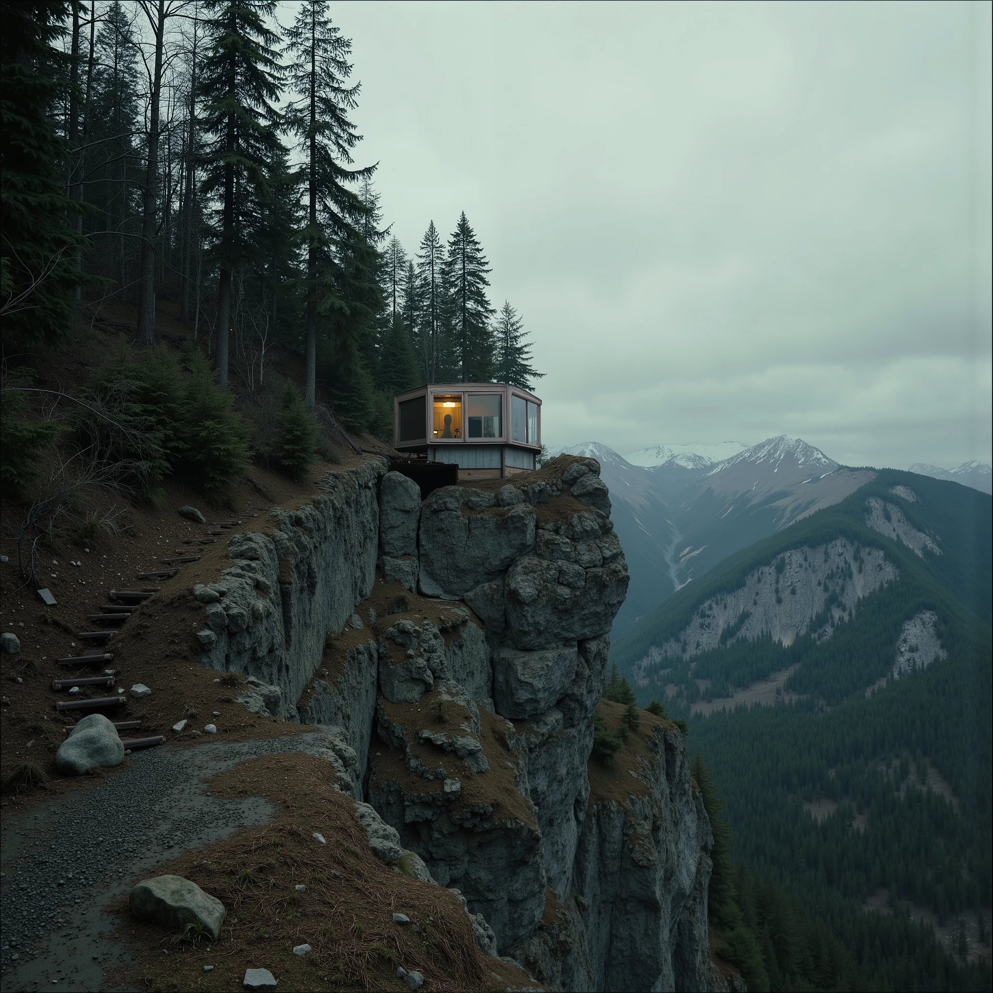 “The Silent Outpost, Spectacular escapism. Paradoxically built with vertigo induced proportions and mind bending perspectives), (Bizarre brutalism), A breathtaking minimalist Japanese avant garde mountain retreat and home pod, (dark minimalist + brutalist architecture), strange & imaginative designs (and epic composition with drone cinematography by Jonny FPV, awe inspiring with a gravity-defying and immersive POV, muted colour analog color palette, (avant garde post-surrealism and brutalist retro futuristic science-fiction aesthetics), dieselpunk, future dark wave, industrial, raw concrete, rule of thirds, intricately built on the verge and clinging to a jagged Scandinavian mountainside—(spectacular perspectives), raw, edgy future tech noir, (dark avant garde brutalism), the future space pod home is composed of gritty raw and exposed metal and futuristic organic materials seamlessly integrated into the rock face.
Designed in the brutalist avant-garde styles of Kisho Kurokawa, Hiroshi Hara, Fumihiko Maki, (dark minimalist architectural design that integrates respectfully within its natural high surroundings and curated with a a gritty atmosphere of openness, it is both a refuge and a haunting anomaly in the desolate wilderness). Surrounded by megalithic mountains, with a dense pine rainforest, a gritty Pale mist coils through the skeletal pines, swallowing the distant landscape, while the last traces of a violent, otherworldly sunset bleed into the storm-laden sky—fiery pinks, reds and oranges fading into abyssal hazy blues. The ominous air is thick with an unsettling silence, broken only by the wind howling through exposed steel beams(neo gothic avant garde brutalism, stylistically sci-fi future design aesthetic. flickering burnt amber interior light suggests life The smouldering atmosphere is drenched in solitude, tension, and the surreal weight of the unknown—an architectural dream on the verge of a nightmare.”
