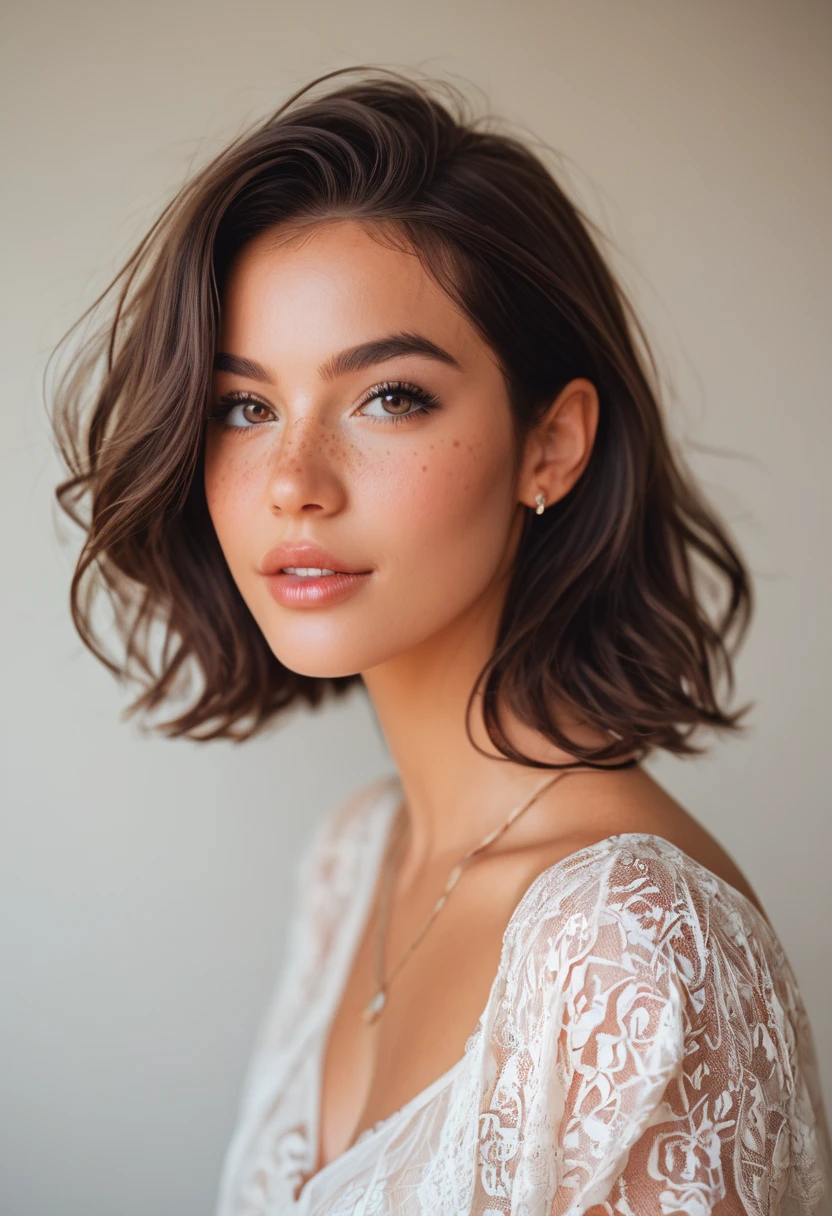 create a hyper realistic vertical photo of most attractive happy woman in her 30s, white skin, naked, extra big chest, 36D, Lob (long bob) brown hair, trending on artstation, portrait, digital art, modern, sleek, highly detailed, formal, determined, CEO, colorized, smooth, charming, pretty, soft smile, dark red lipstick, soft lips, black eyes, hairy