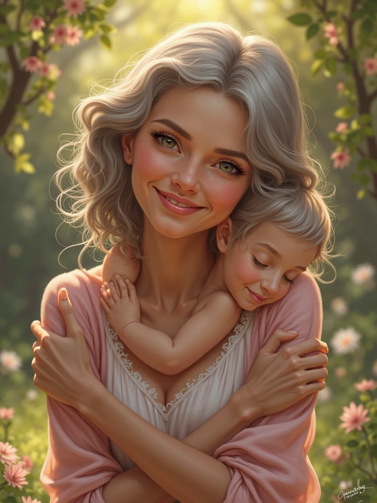 Create a smiling mother with her blonde curly haired baby
