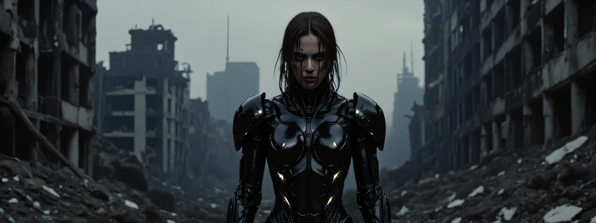 A biopunk woman stalks the ruins of a bombed city far below. She is half machine, half woman, is heavily battle damaged, the areas that are still skin bloody and sweating. The lighting is very dark, the subtle LED of her armor casting shadows that accentuate the contours and mechanical details. The background is a bombed city in the distance, creating a quiet yet powerful atmosphere. The shooting angle is close, with a sense of death due to shadow play and the positioning of mechanical elements. The overall composition and technical execution present a seamless blend of organic and technological features, evoking themes of future, integration, and identity. 8k super hd, uhd (full body:2)