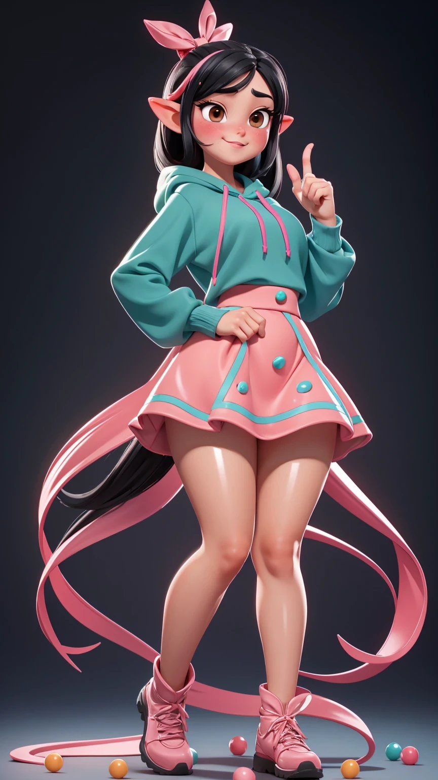 Full body view, adult, (best quality:1.4),(shiny skin), body focus, (cute face), (((best quality))), illustration, adult, full body view, ((Beautiful Finger)), , Beautiful body, Beautiful character design, ,perfect lighting, Colorful, Bright_Front_face_Lighting, ultra high res, highres, absurdres:1.2, bokeh:1.2, lens flare, huge breasts, tall, long legs, adult, (vibrant_color:1.2), , (thick thighs:1.1), THICK, Black hair with colored sprinkles, red ribbon, teal hoodie, large brown eyes, pointy ears, pink blush on cheeks, content expression, skirt, adult Vanellope von Schweetz as an adult, 30 years old.