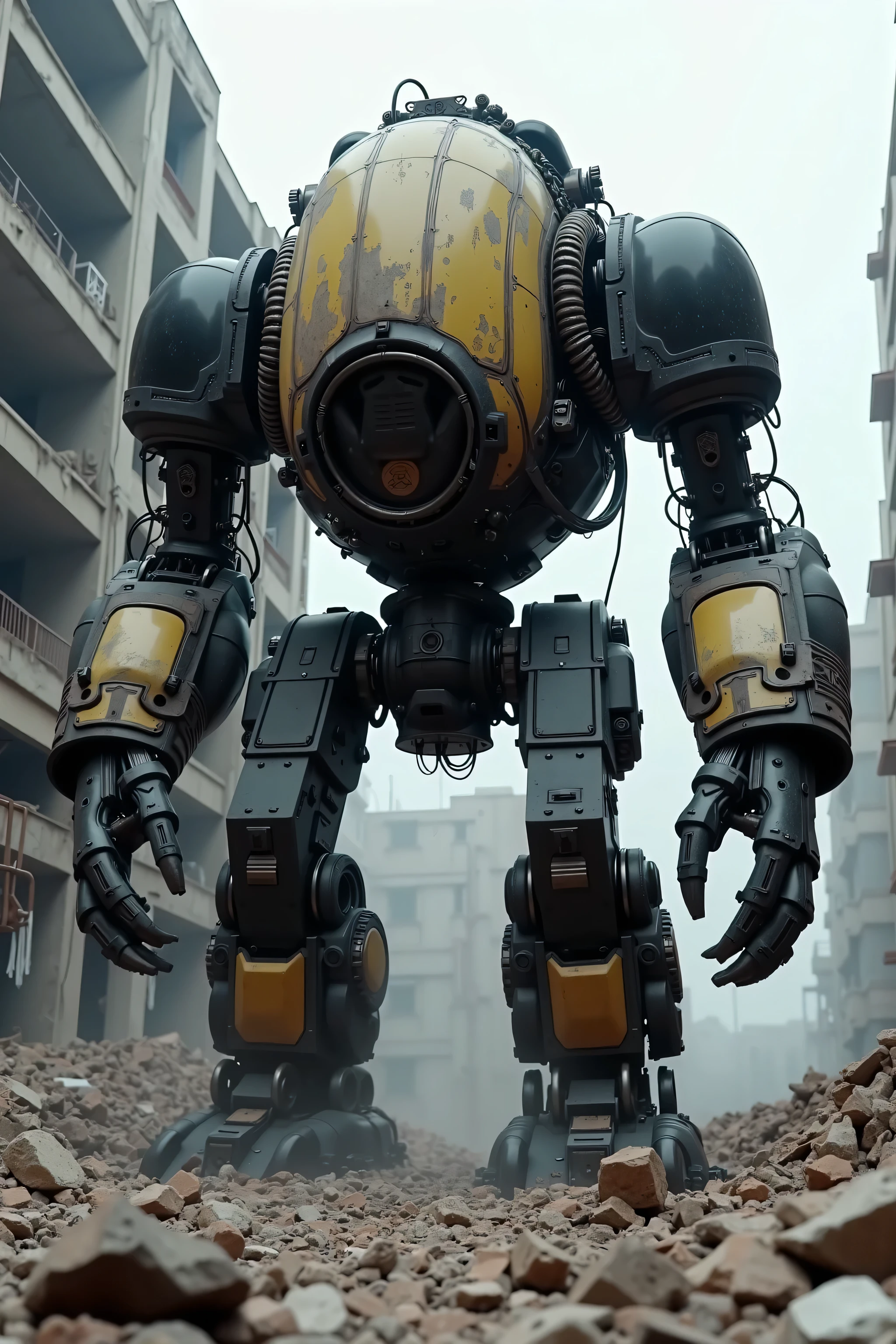 Concept art d’une solide machine robotisée massive et de très grande taille créée pour travailler sur un chantier de démolition et abattre des bâtiments insalubres; design très fonctionnel et utilitaire; épais blindage noir et jaune; pas de câble apparent; silhouette vaguement humanoïde; longs bras volumineux avec mains puissantes conçus pour détruire; articulations mécaniques visibles; grande force destructrice; la machine est sale et semble avoir beaucoup servi; décor flou de chantier de démolition.