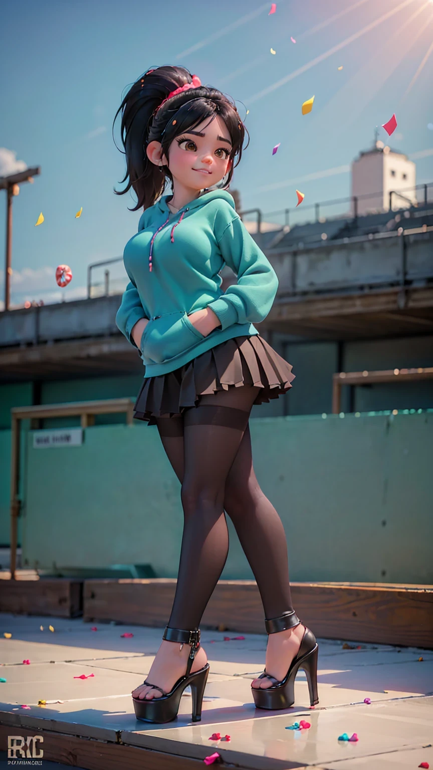 [Wreck_It_Ralph_Movie], ((masterpiece)), ((high quality)), ((HD)), ((beautiful portrait)), ((front view)), ((full body)), ((feet visible, open-toed tall platform high heels, platform high heels)), ((beautiful background)), {vanellope von schweetz, black hair, red scrunchy, short ponytail, (candy in hair:1.2), (cute half-closed brown eyes), adult woman, beautiful legs, curvy hips, large breasts, smug smirk, white teeth}, {(aqua sweatshirt), (brown tuffled skirt), (aqua striped pantyhose)}, {(standing on raceway), (hands in pockets), (looking at viewer)}, [Background: (racetrack), (confetti), (blue sky), (bright sun), (sun rays)]