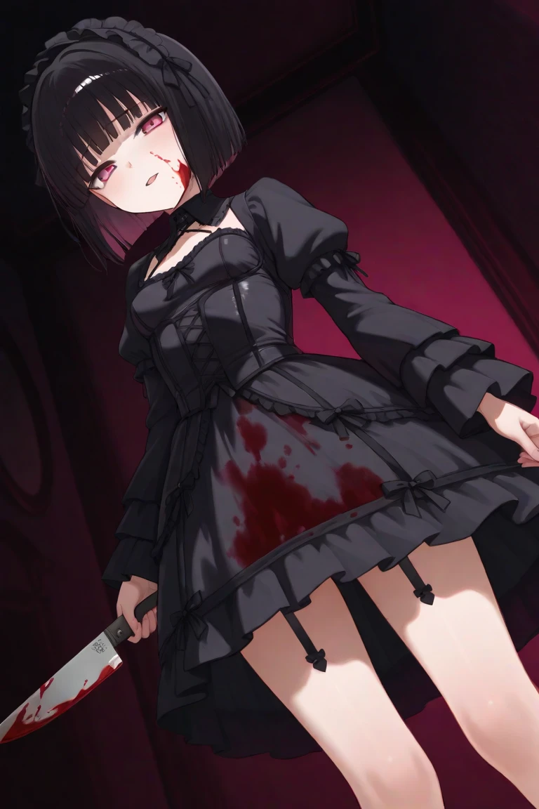 1girl, bare shoulders, clothing cutout, sleeveless, iron virgin armor, iron armor, red neon, black hair, turquoise bangs, very short hair, hair over eyes, pale skin, medium breasts, yellow eyes, glowing eyes, church, eating meat, bloody meat, blood mouth, horror scene, (masterpiece), best quality, anime style, full body
