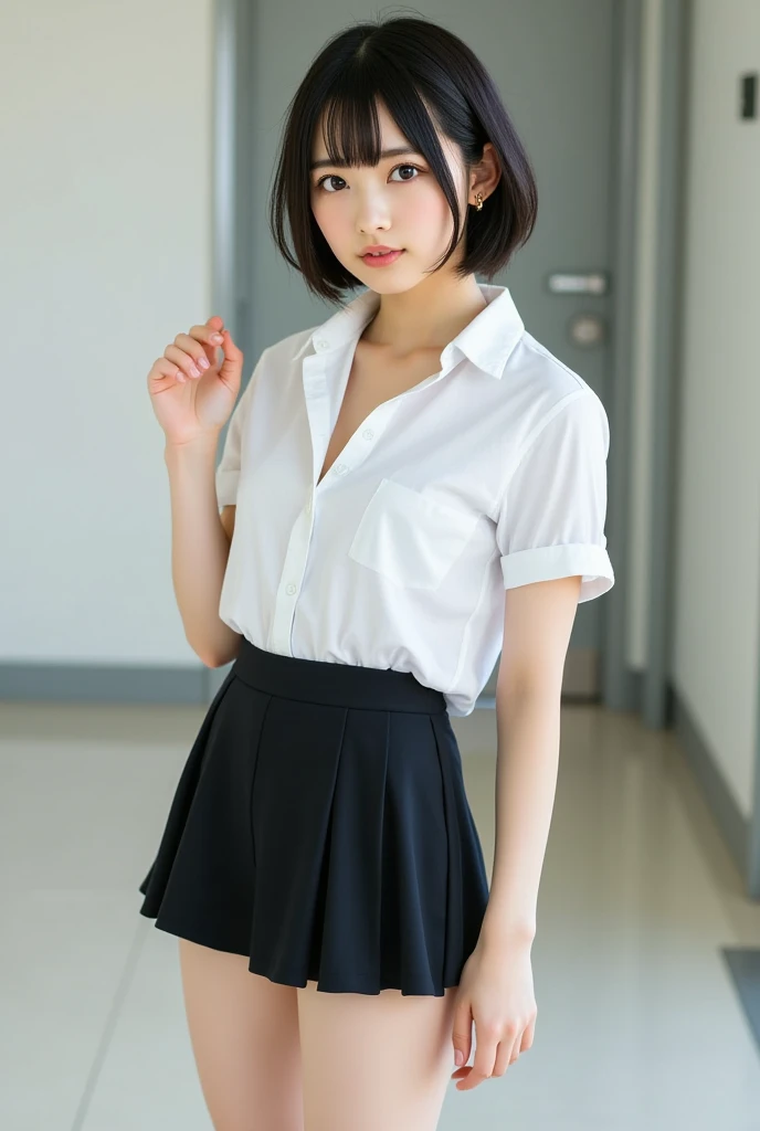 (Highest quality、masterpiece:1.9)、((Neat and clean female college student、1 person))、Soft lighting by a professional photographer、Natural light、((Very spacious white luxurious room:1.6))、((Bright white room:1.6))、(Sitting on a very luxurious white bed:1.2)、(White Bookcase:1.1)、Natural soft light、((Black Hair:1.1))、Fair skin、Detailed Eyes、double eyelid、Slightly puffy cheeks、((Small Face:1.0))、((Check One Piece、Grey mini skirt、Please wear it with the chest open.:1.1))、(smile)、((Girly pose 1.8))、High resolution,、((Short Hair:1.2))、((Full Body Shot:1.2))、Live-action image quality、((Height: 150cm))、Hands in front、Hide your hands between your legs、(bangs:1.1)、