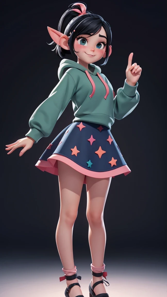 full body view, adult, (center:1.4),(piel brilliant), Body focus, (cute face), (((center))), Illustration, adult, full body view, ((Beautiful finger)), , Beautiful body, Beautiful character design, ,perfect lighting, showy, brilliant_forehead_rostro_Lighting up, ultra high resolution, high resolution, Absurds:1.2, bokeh:1.2, Lens flare, huge breasts, high, long legs, adult, (vibrant_color:1.2), , (muslos thicks:1.1), thick, Black hair with colorful sprinkles., Red ribbon, blue green hoodie, eyes, pointed ears, pink blush on the cheeks , content expression, skirt, adult Vanellope von Schweetz as an adult, 30 years.
